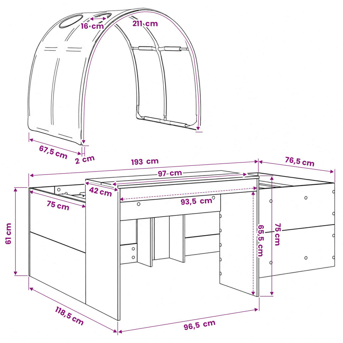Bett mit Tunnel 3 stk. Sonoma Eiche und Schwarz