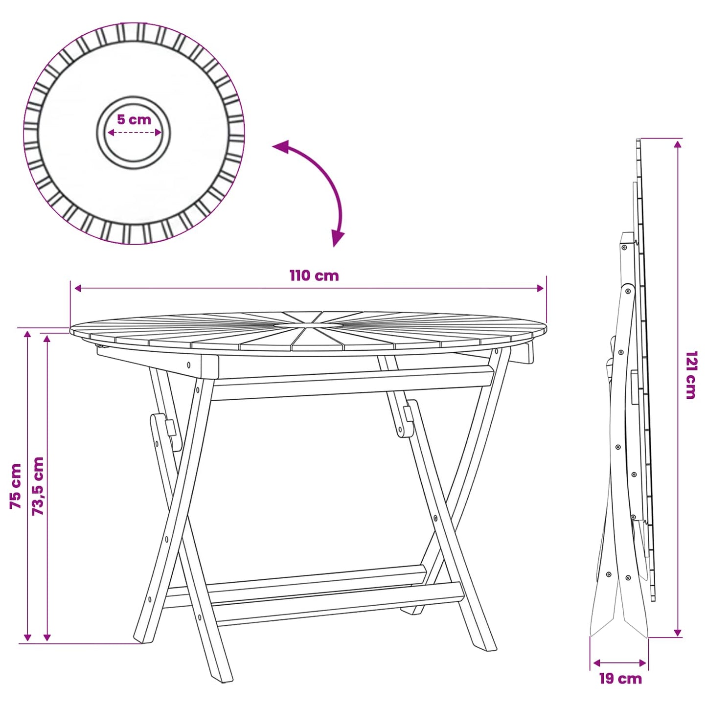 Klappbarer Gartentisch Natur Ø 110 x 75 cm Massivholz Teak