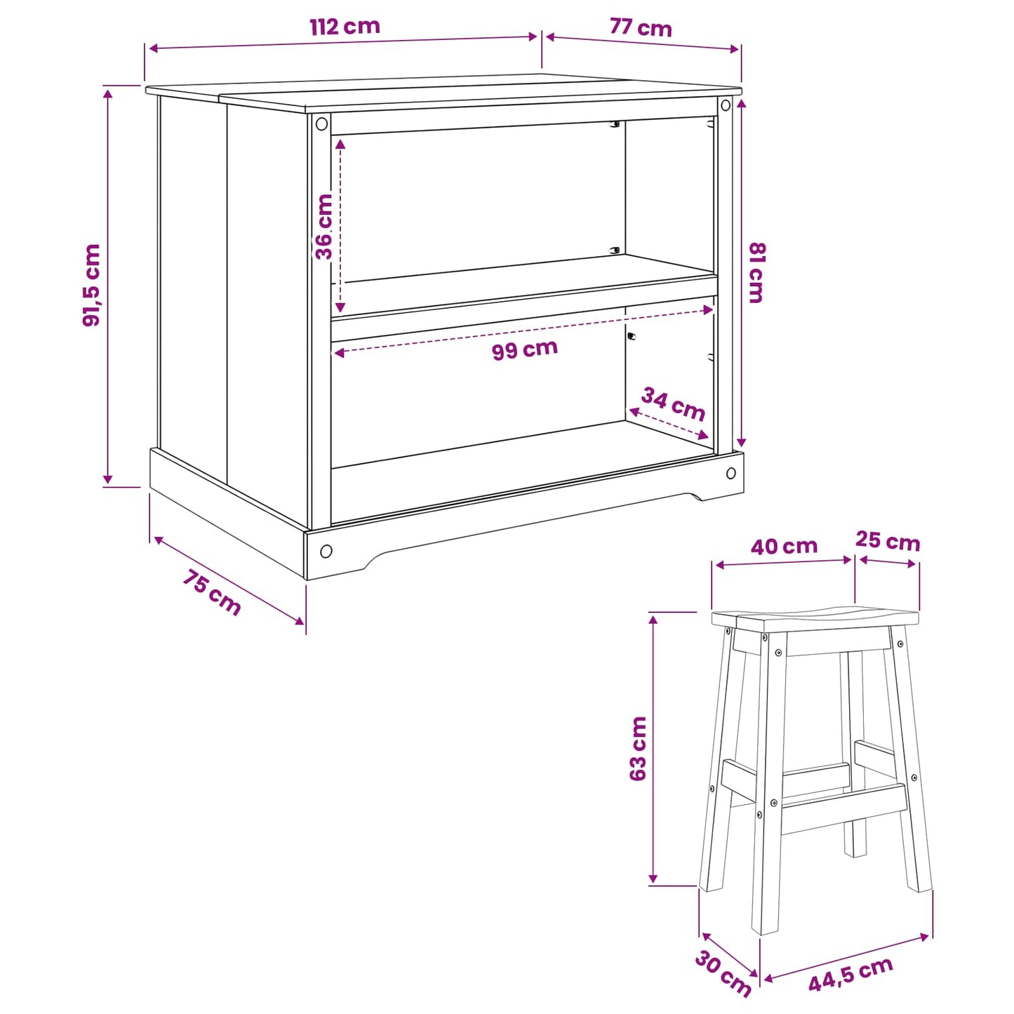 Kücheninsel Set 3 stk. Weiß und Honigwachs 112 x 77 x 91,5 cm