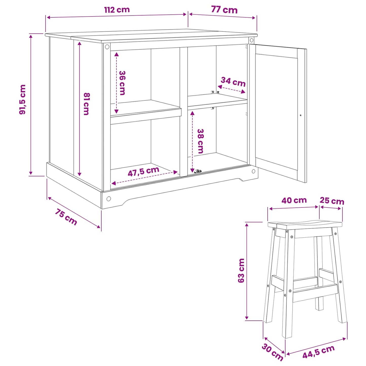 Kücheninsel Set 3 stk. Weiß und Honigwachs 112 x 77 x 91,5 cm