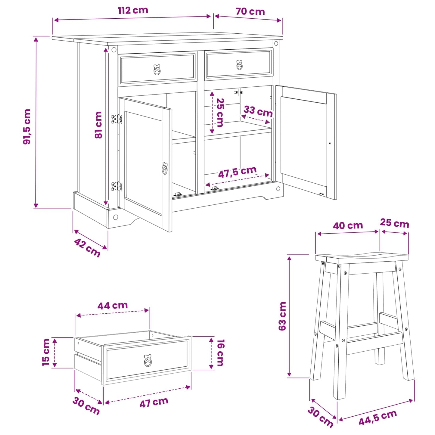 Kücheninsel Set 3 stk. CORONA Honigwachs 112 x 70 x 91,5 cm