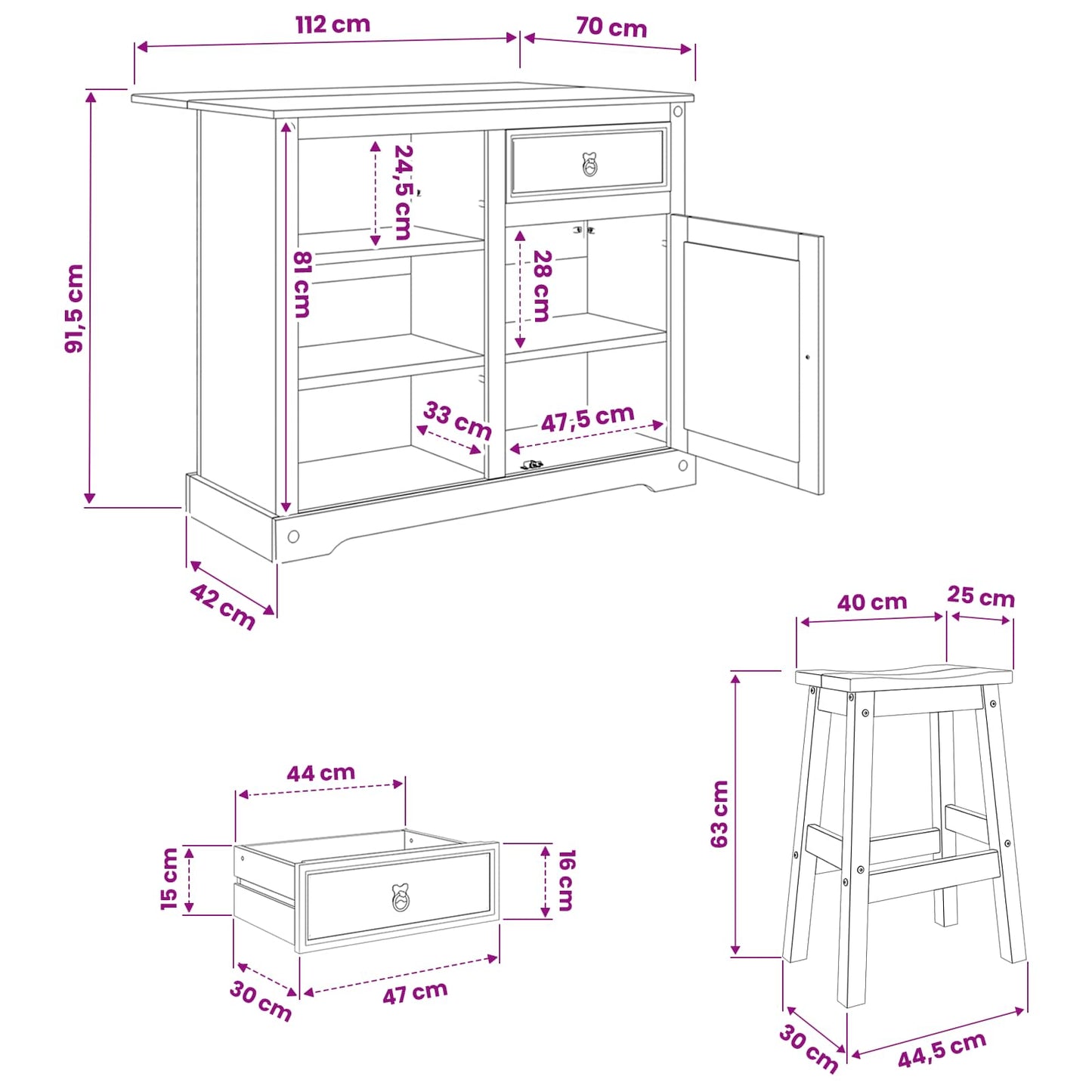 Kücheninsel Set 3 stk. Weiß und Honigwachs 112 x 70 x 91,5 cm