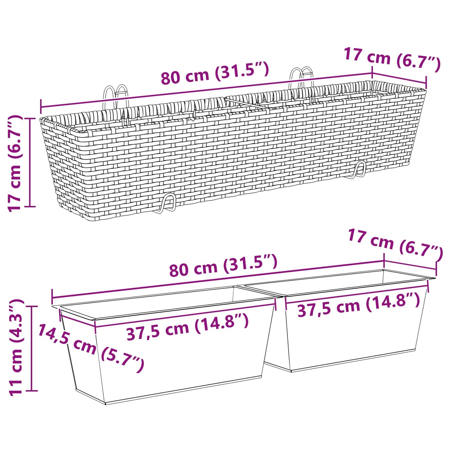 Balkon 2 Stk. Schwarz 80 x 17 x 17 cm Metall
