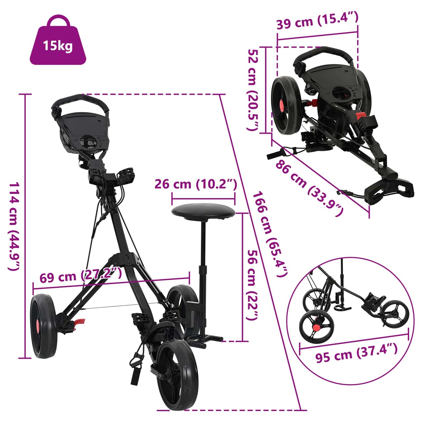 Golf-Dolly mit Sitz Schwarz 95 x 69 x 114 cm Eisen