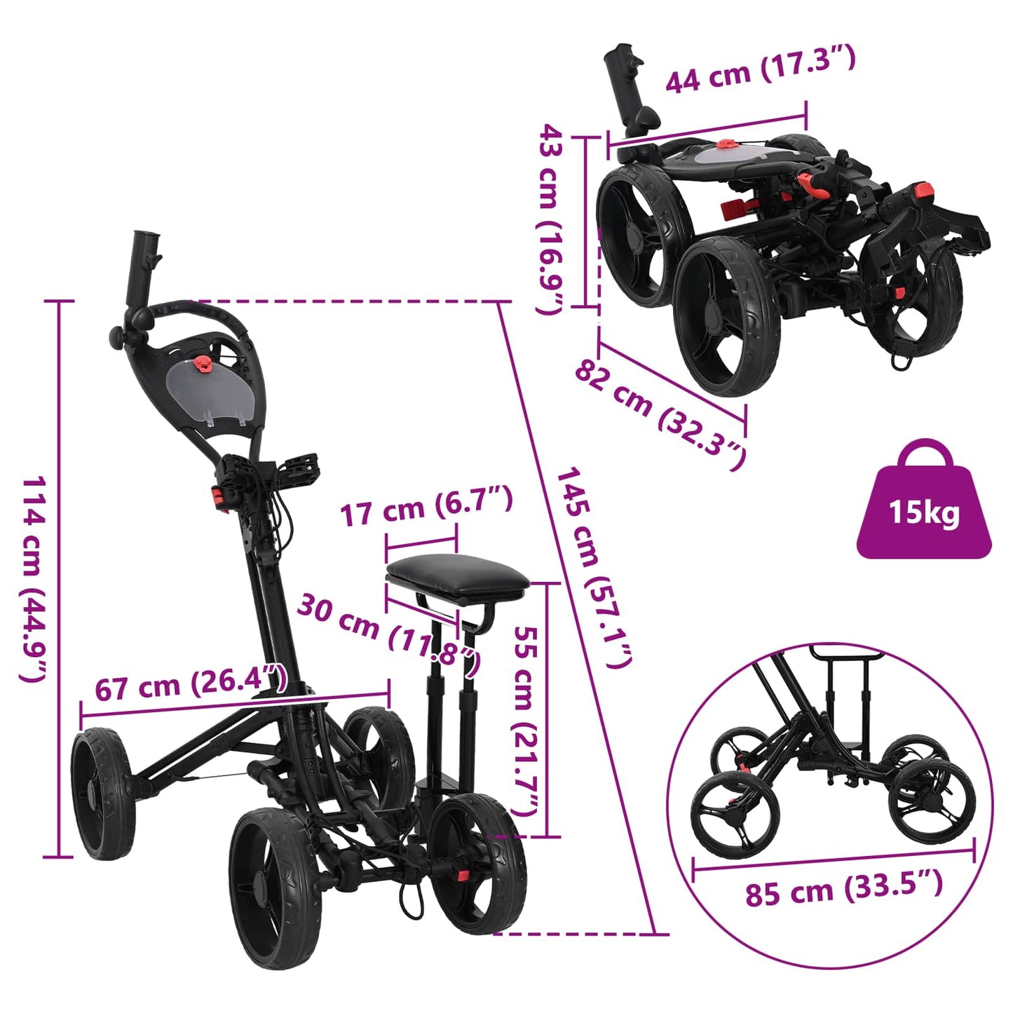 Golf-Trolley mit Sitz Schwarz Aluminium Klappbar