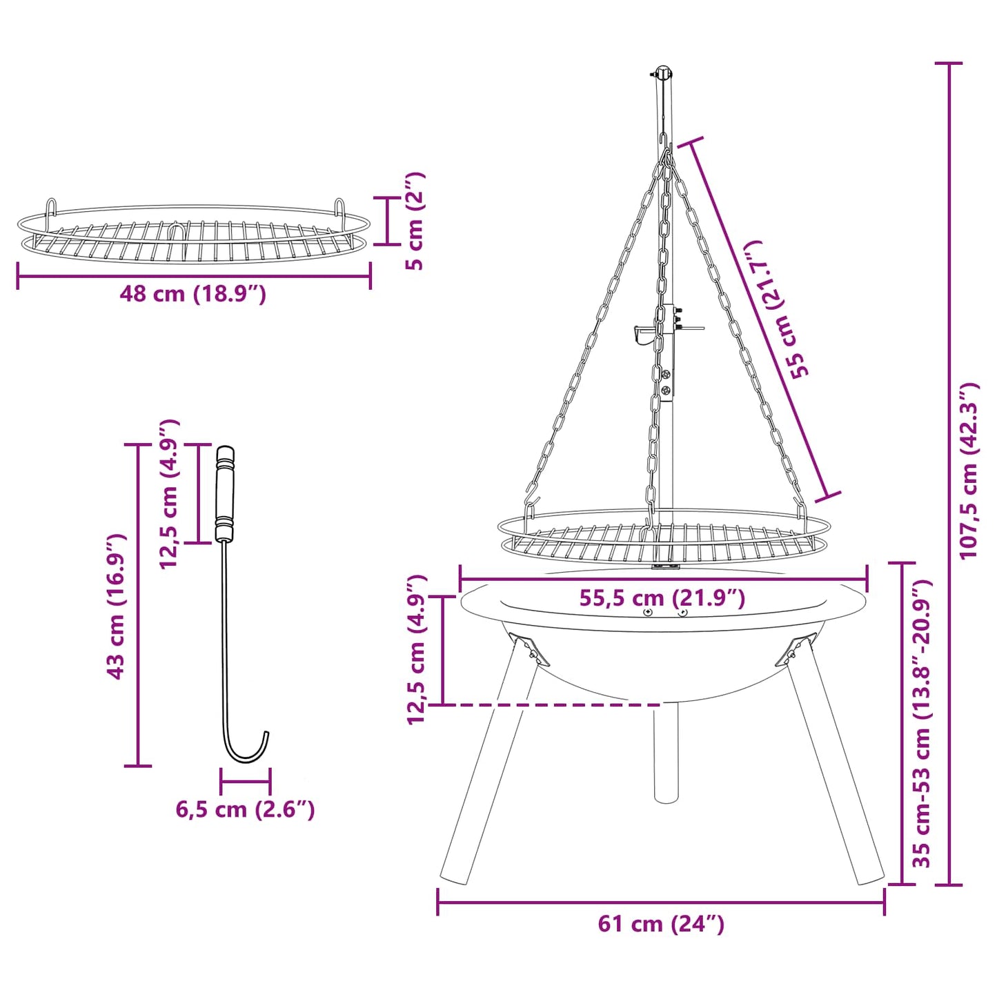 Feuerschale mit höhenverstellbarem Grillrost ⌀55,5 x 107,5 cm