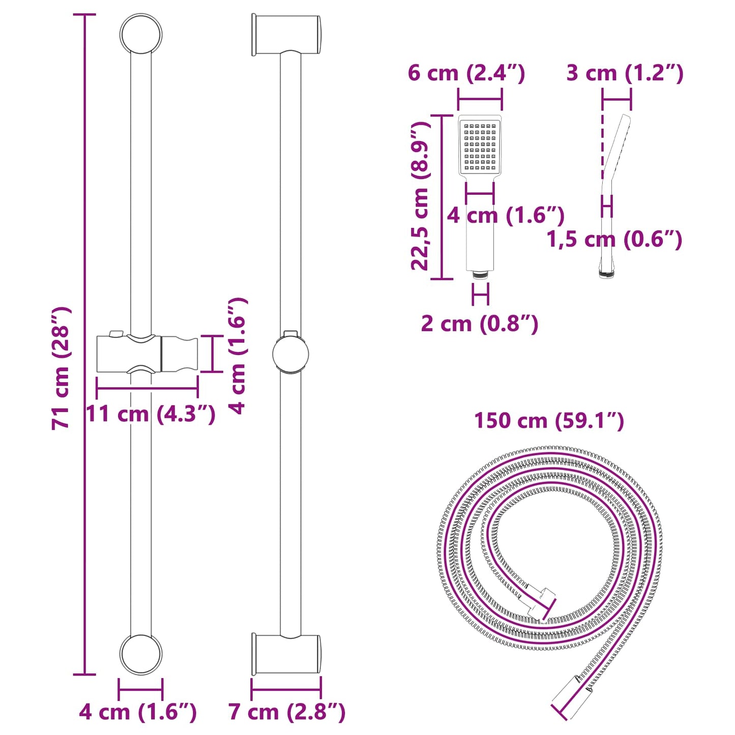 Duschsystem-Set Schwarz 70 cm Edelstahl