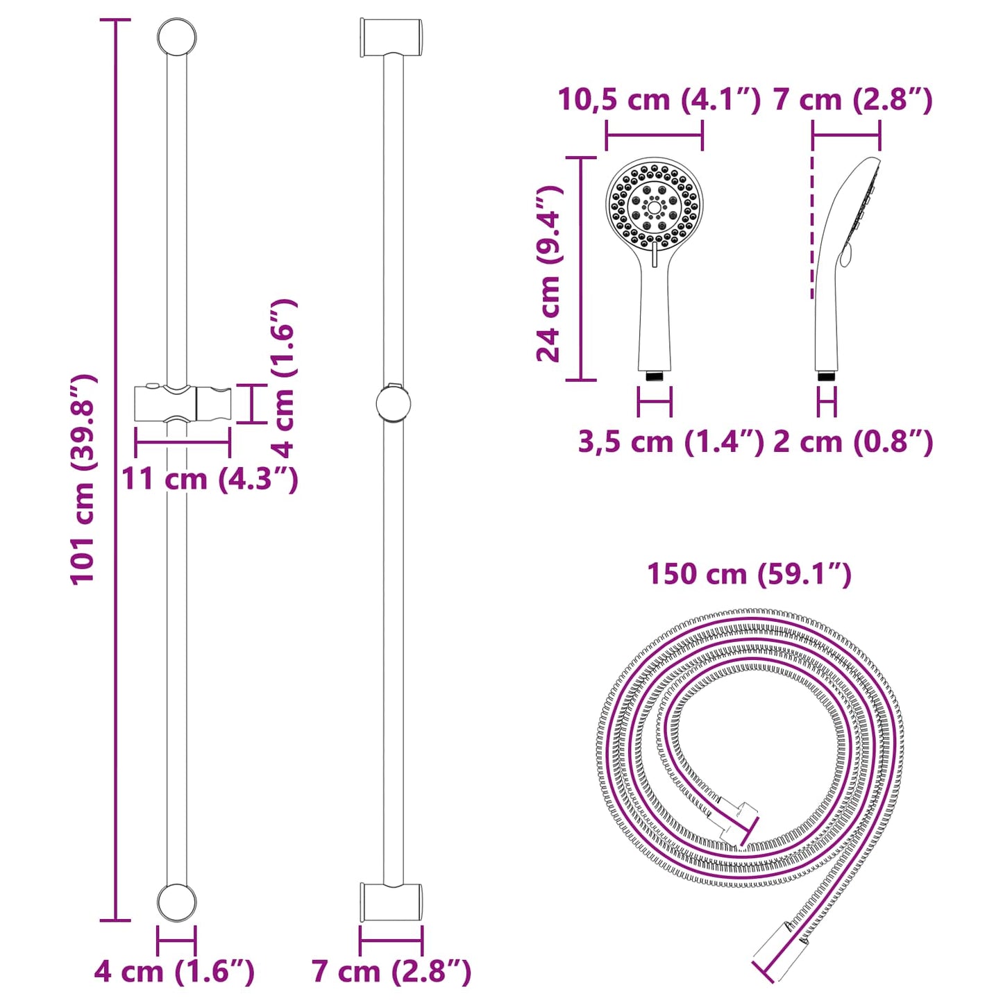Duschsystem-Set Chrom 100 cm Edelstahl