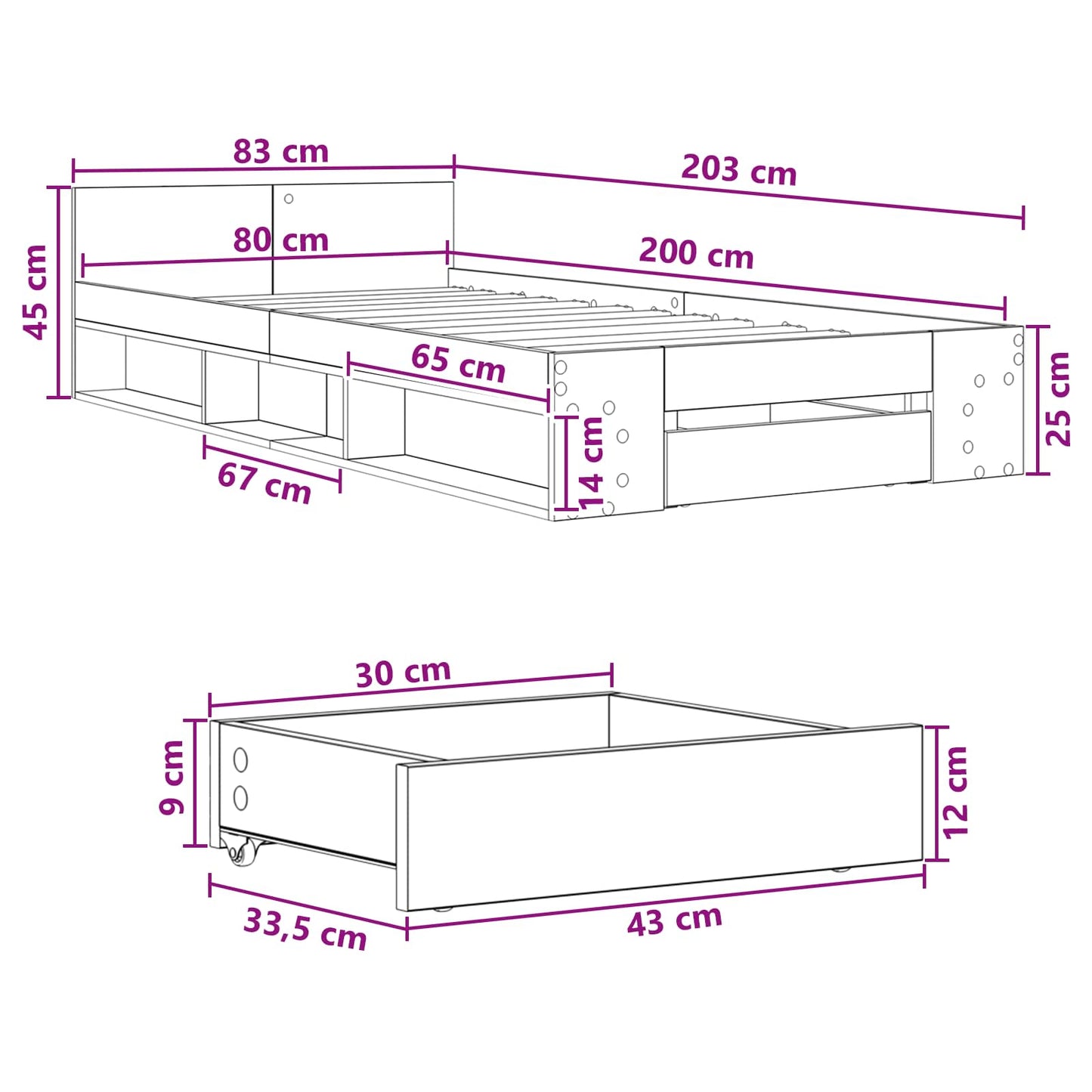 Bettgestell mit Stauraum Sonoma-Eiche 80 x 200 cm Holzwerkstoff
