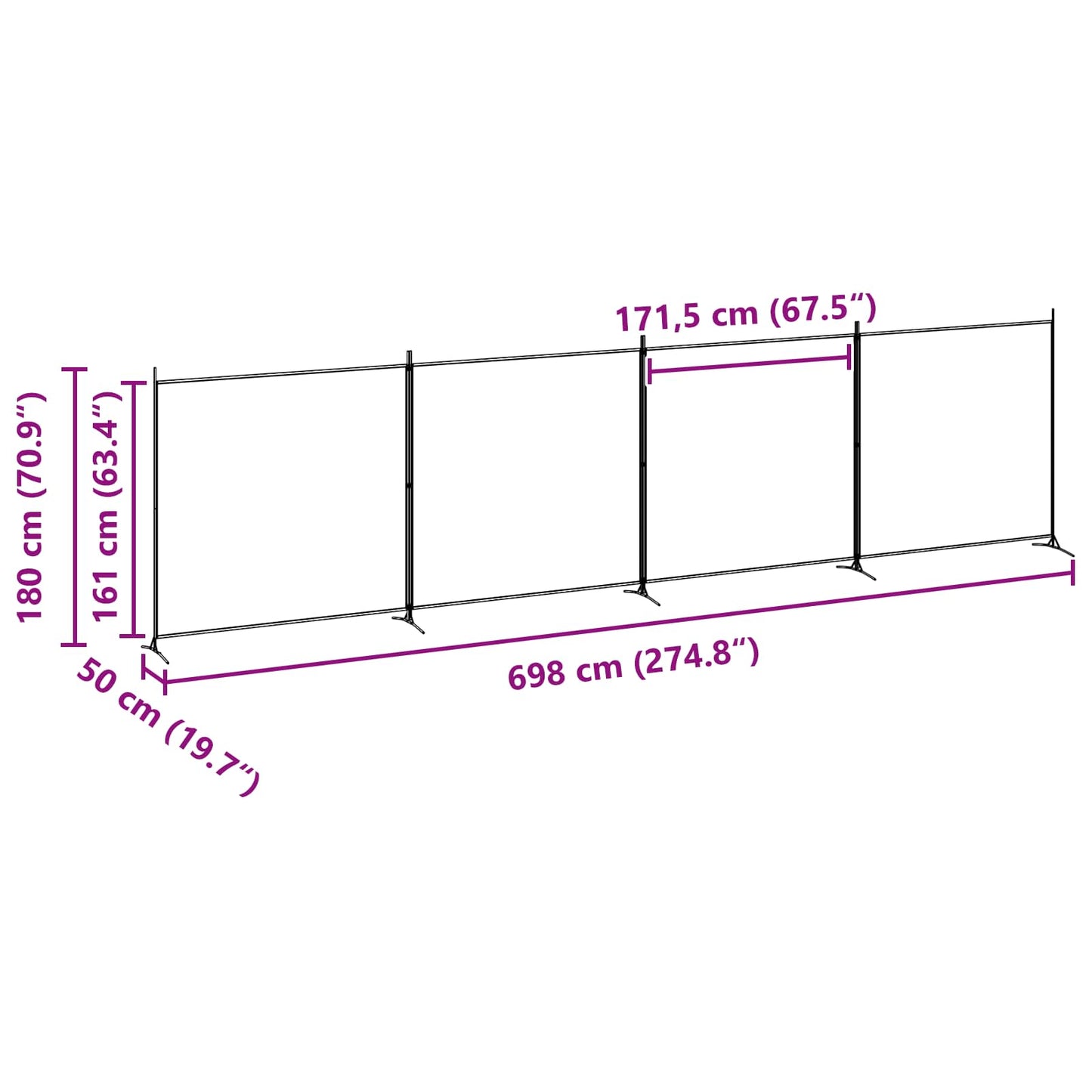 4-Panel Room Divider Beige 698 x 180 cm Stoff