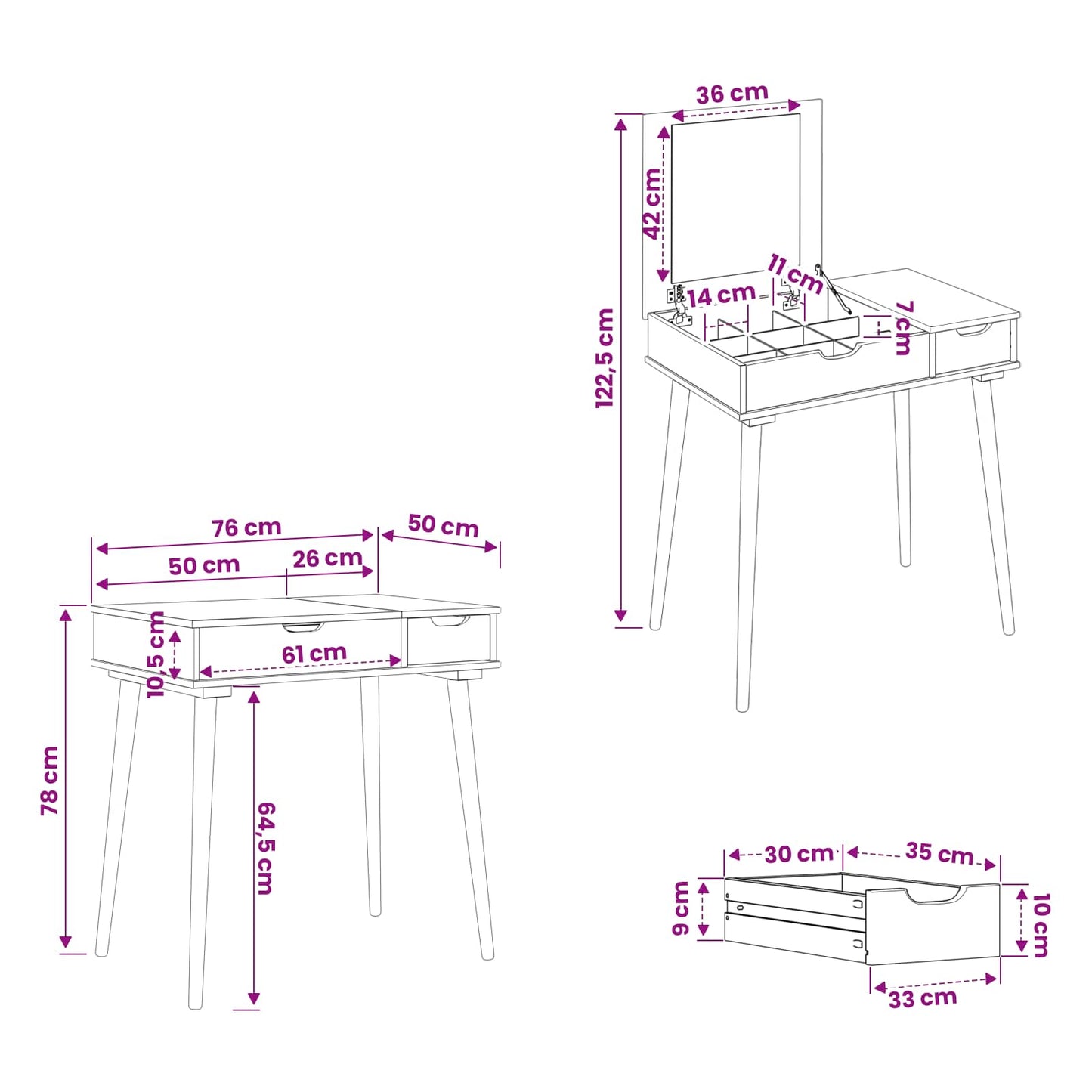 Schminktisch FAUSKE Weiß 76 x 50 x 78 cm