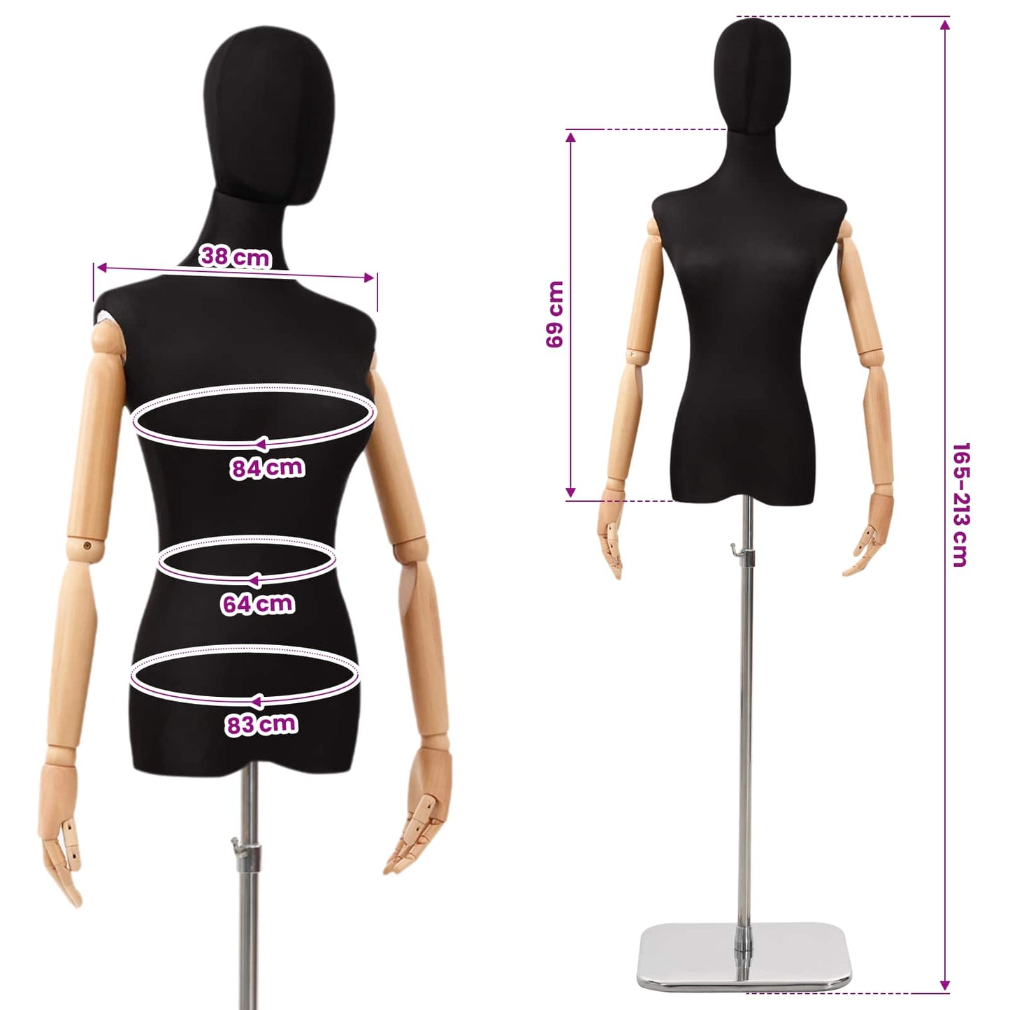 Verstellbare Mannequin 165-213 cm mit Fuß Weiblich PP Schwarz