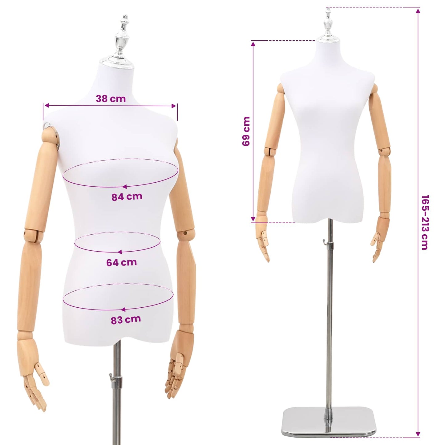 Verstellbare Mannequin 165-213 cm mit Fuß Weiblich PP Weiß
