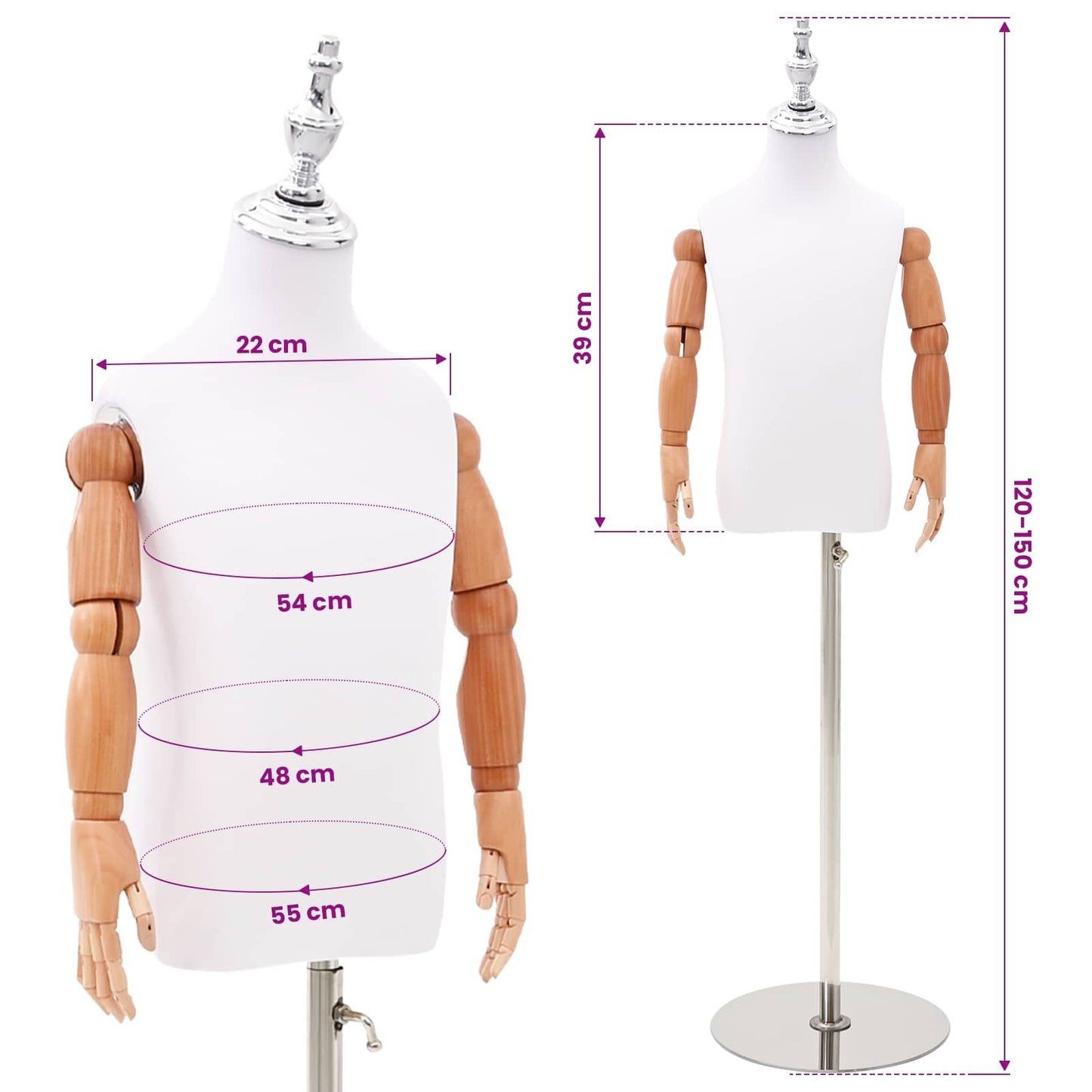 Verstellbares 120-150 cm Mannequin mit Basis Unisex PP Weiß