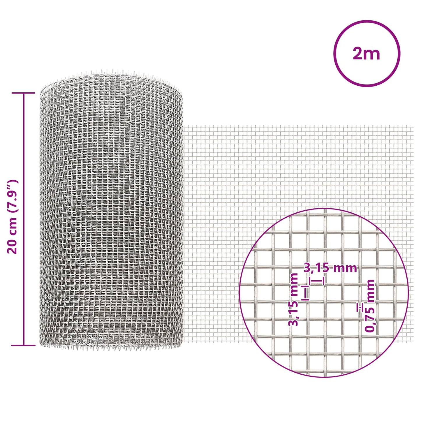 Mesh Bildschirm 20 x 200 cm 6 Mesh Edelstahl 201 Silber