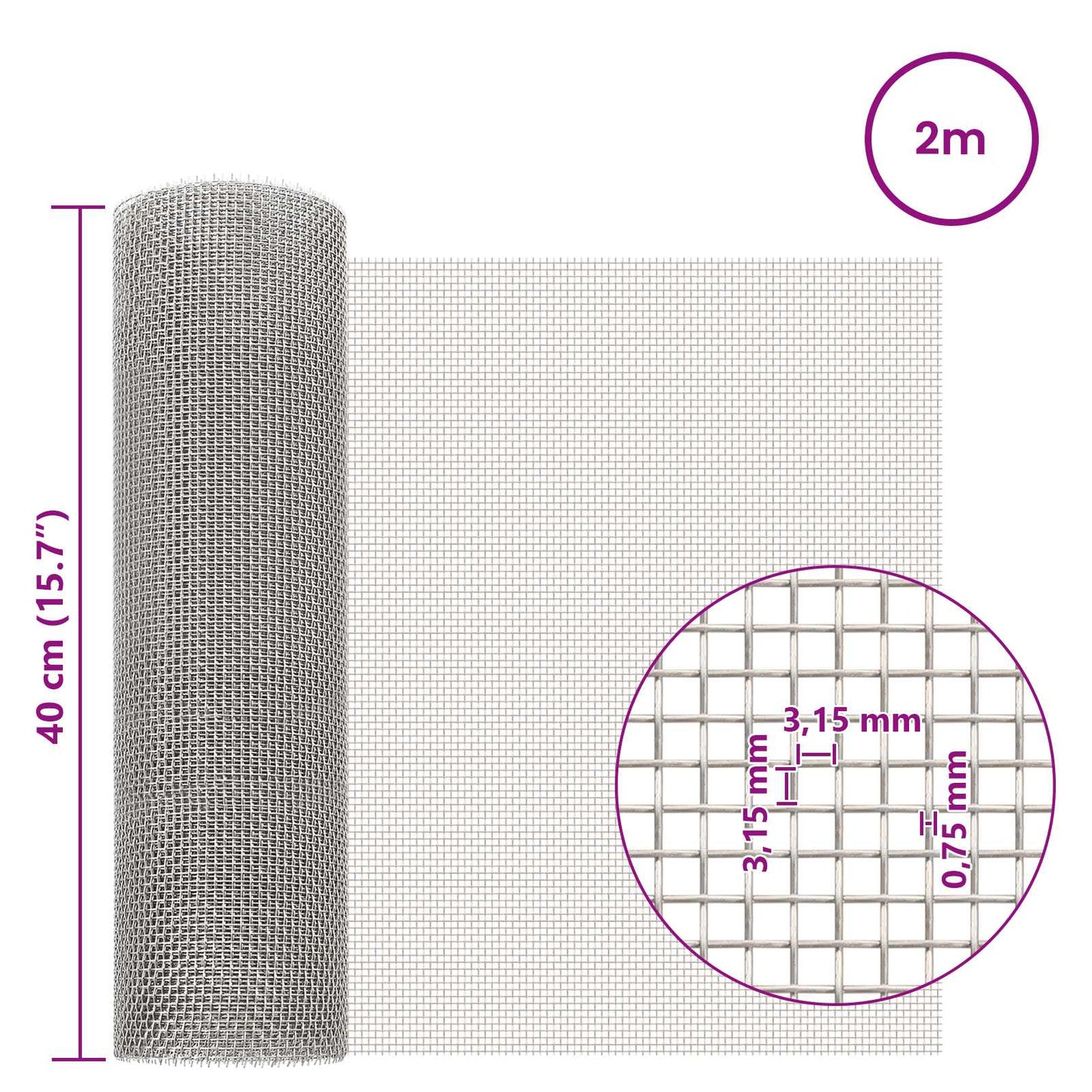 Mesh Bildschirm 40 x 200 cm 6 Mesh Edelstahl 201 Silber