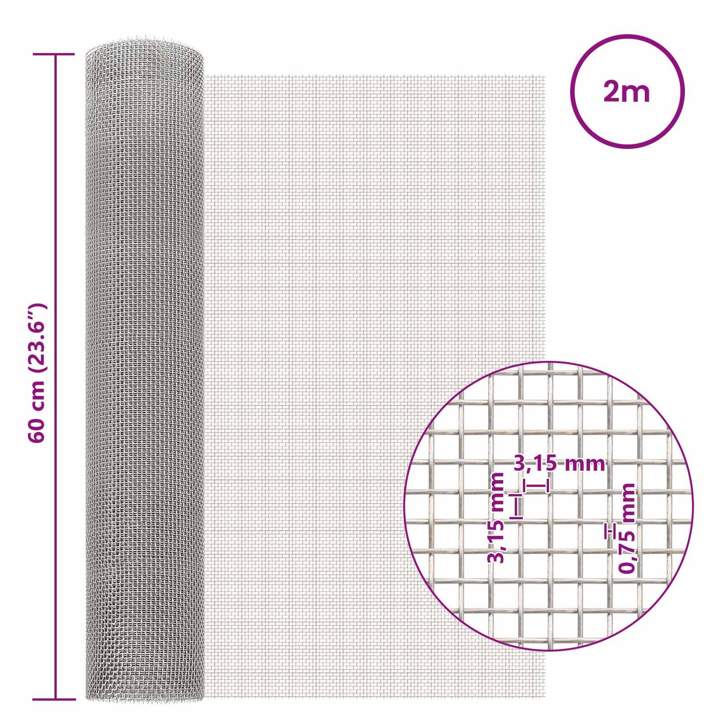 Mesh Bildschirm 60 x 200 cm 6 Mesh Edelstahl 201 Silber
