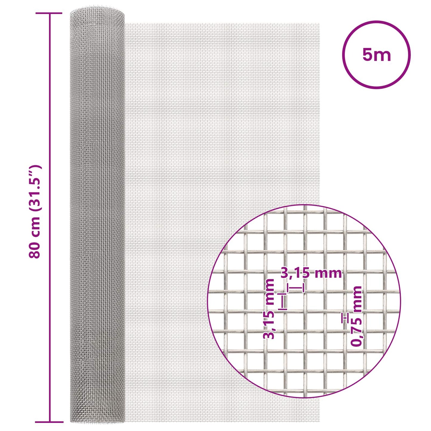 Mesh Bildschirm 80 x 500 cm 6 Mesh Edelstahl 201 Silber