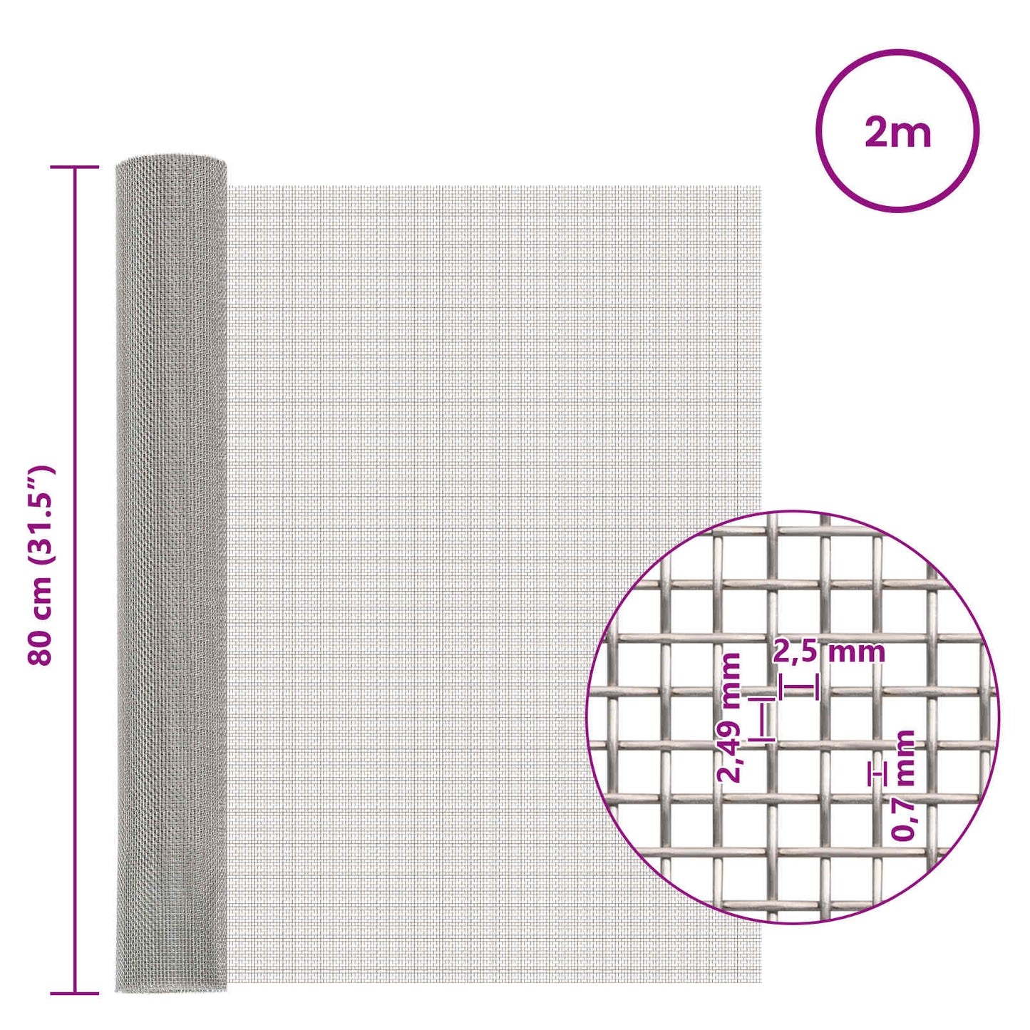 Mesh Bildschirm 80 x 200 cm 8 Mesh Edelstahl 201 Silber