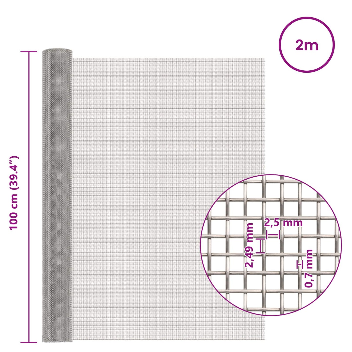 Mesh Bildschirm 100 x 200 cm 8 Mesh Edelstahl 201 Silber