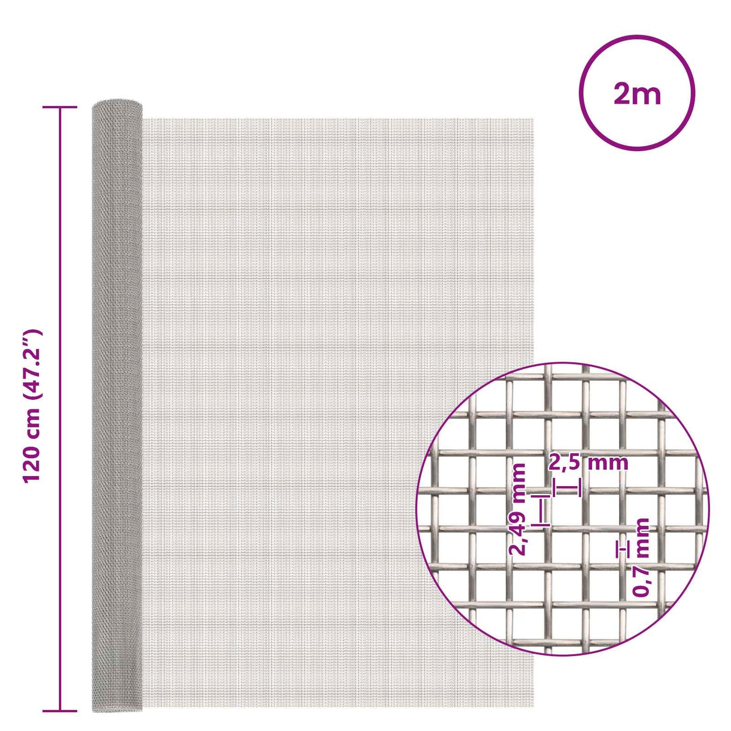 Mesh Bildschirm 120 x 200 cm 8 Mesh Edelstahl 201 Silber