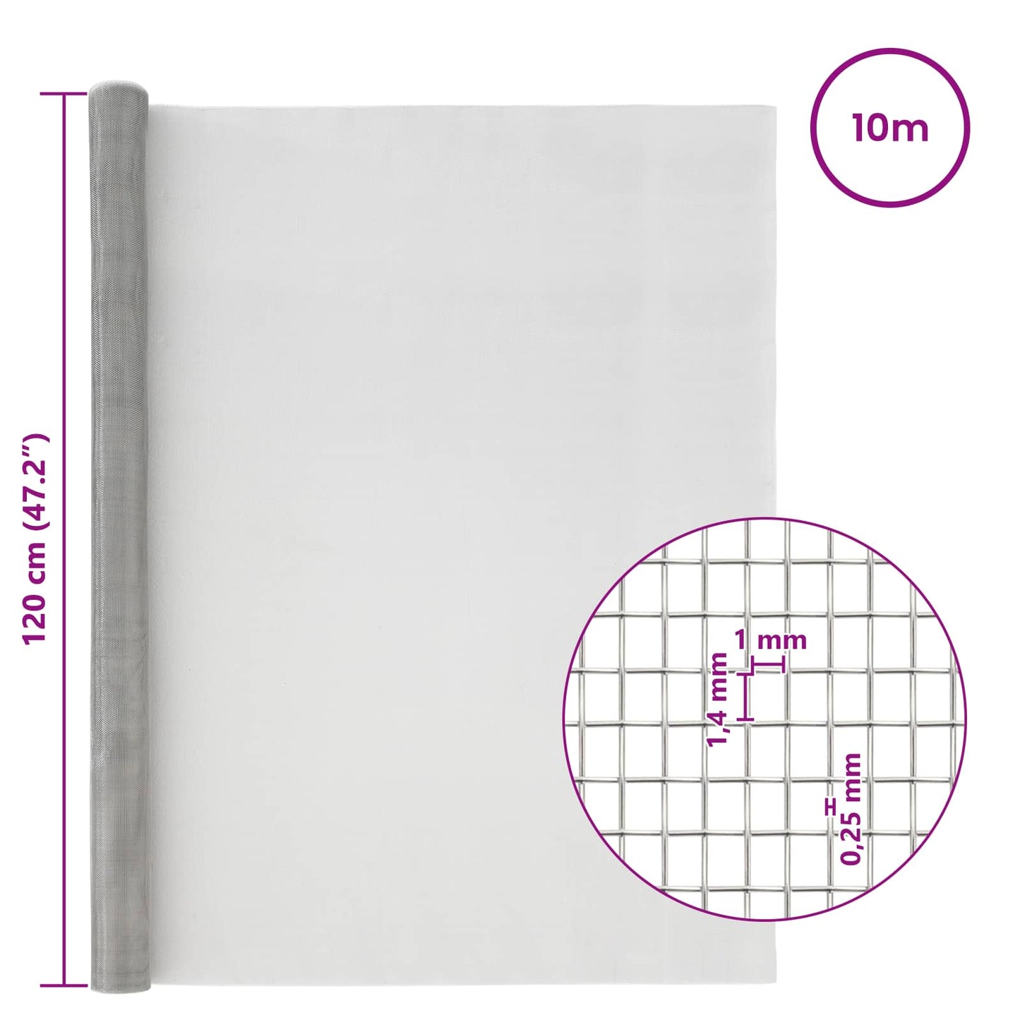 Drahtgeflecht 120 x 1000 cm 18 Mesh Edelstahl 304 Silber