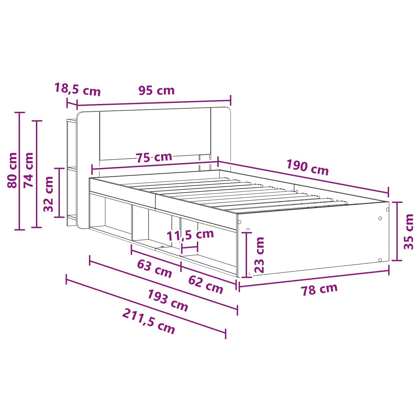 Bettgestell mit Stauraum Altholz 75 x 190 cm Holzwerkstoff