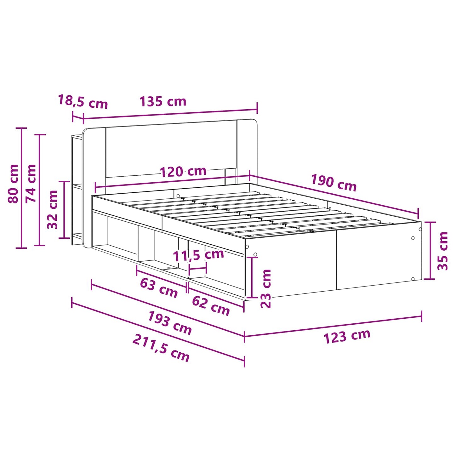 Bettgestell mit Stauraum Artisan-Eiche 120 x 190 cm