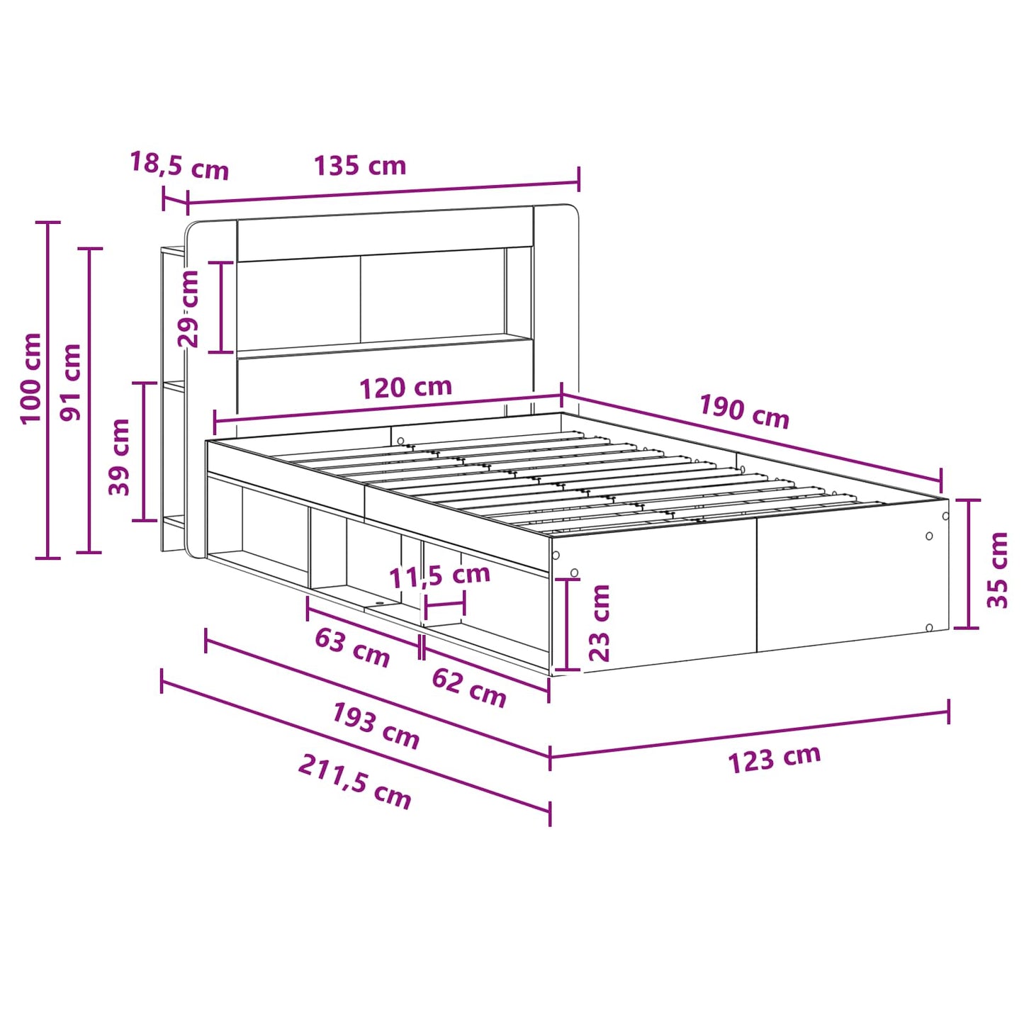 Bettgestell mit Stauraum Artisan-Eiche 120 x 190 cm