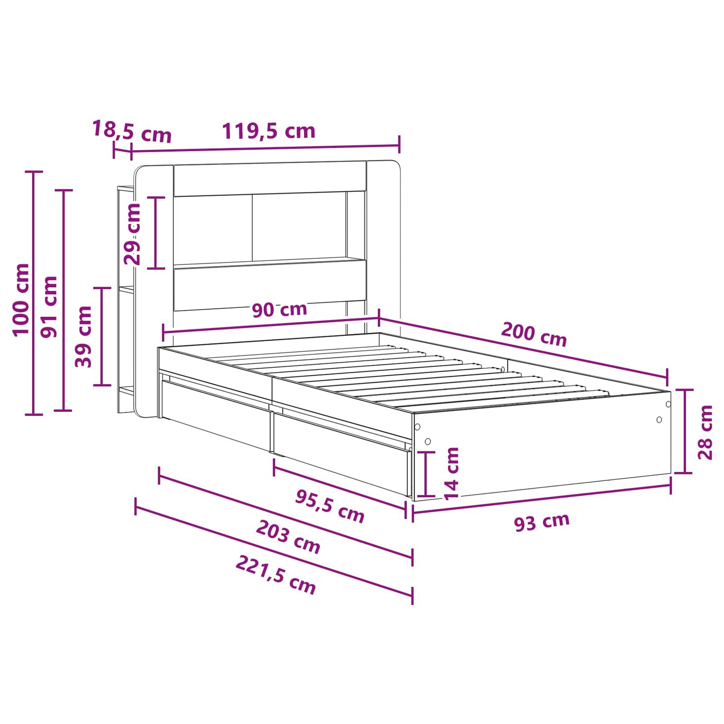 Bettgestell mit Stauraum Sonoma-Eiche 90 x 200 cm Holzwerkstoff