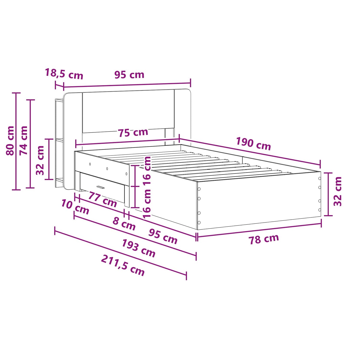 Bettgestell mit Stauraum Sonoma-Eiche 75 x 190 cm Holzwerkstoff