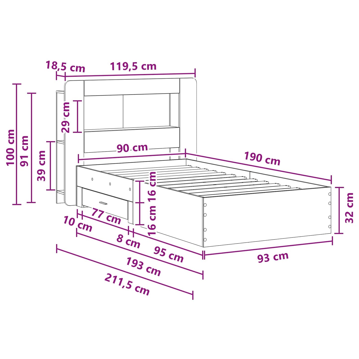 Bettgestell mit Stauraum Altholz 90 x 190 cm Holzwerkstoff