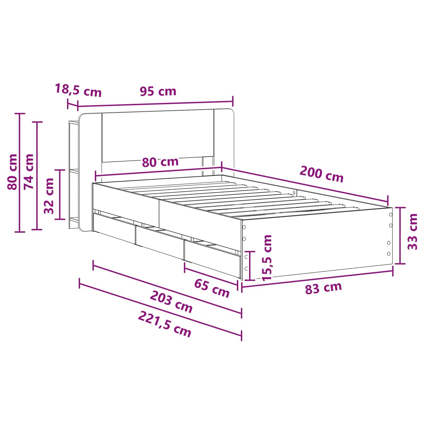 Bettgestell mit Stauraum und Kopfteil Sonoma-Eiche 80 x 200 cm