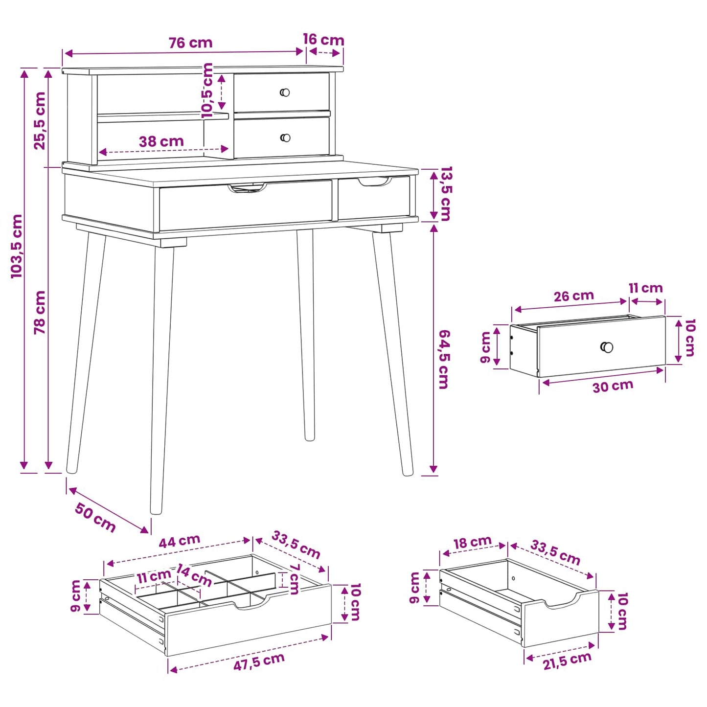 Schminktisch-Set FAUSKE 2 stk. Weiß 76 x 50 x 103,5 cm
