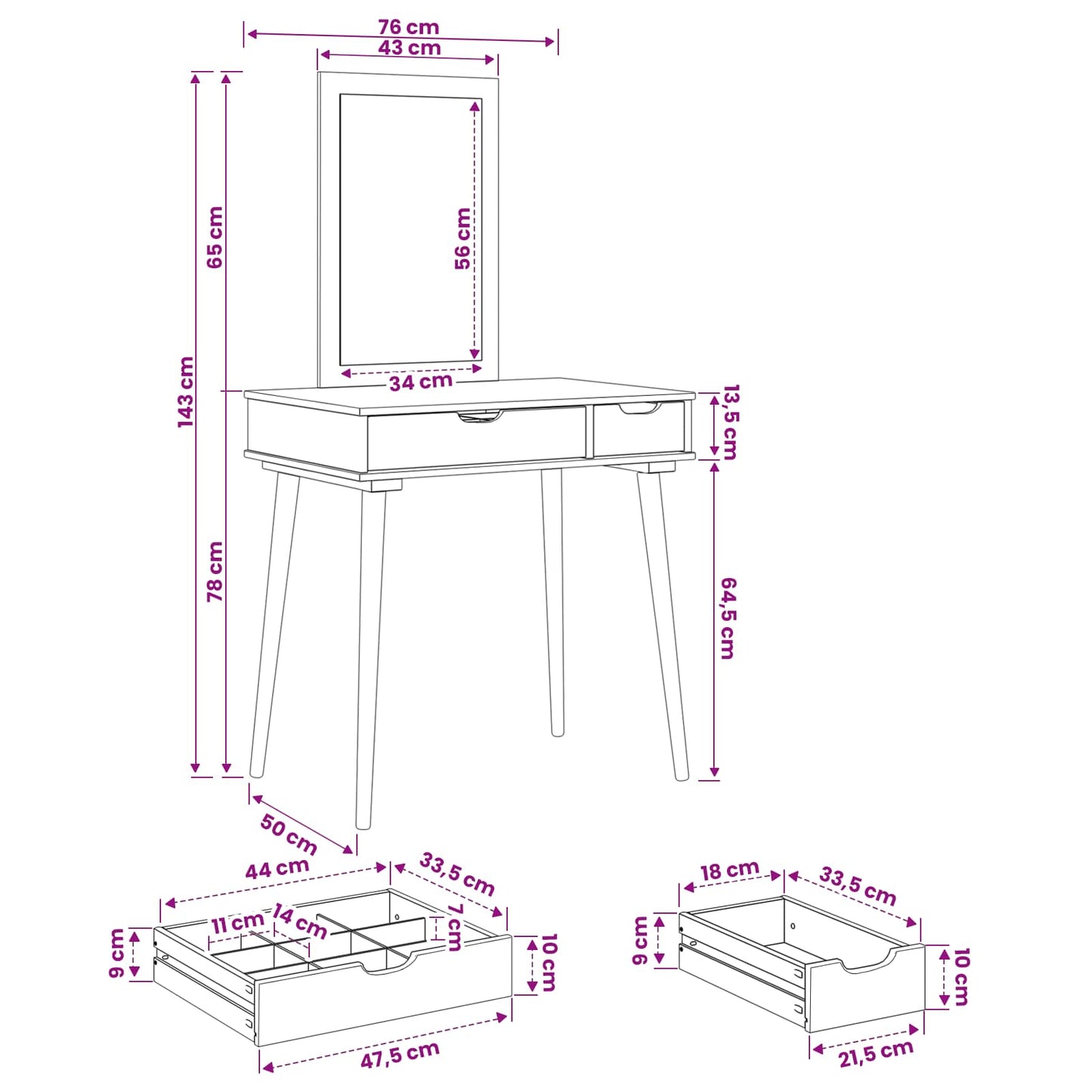 Schminktisch-Set FAUSKE 2 stk. Weiß 76 x 50 x 143 cm