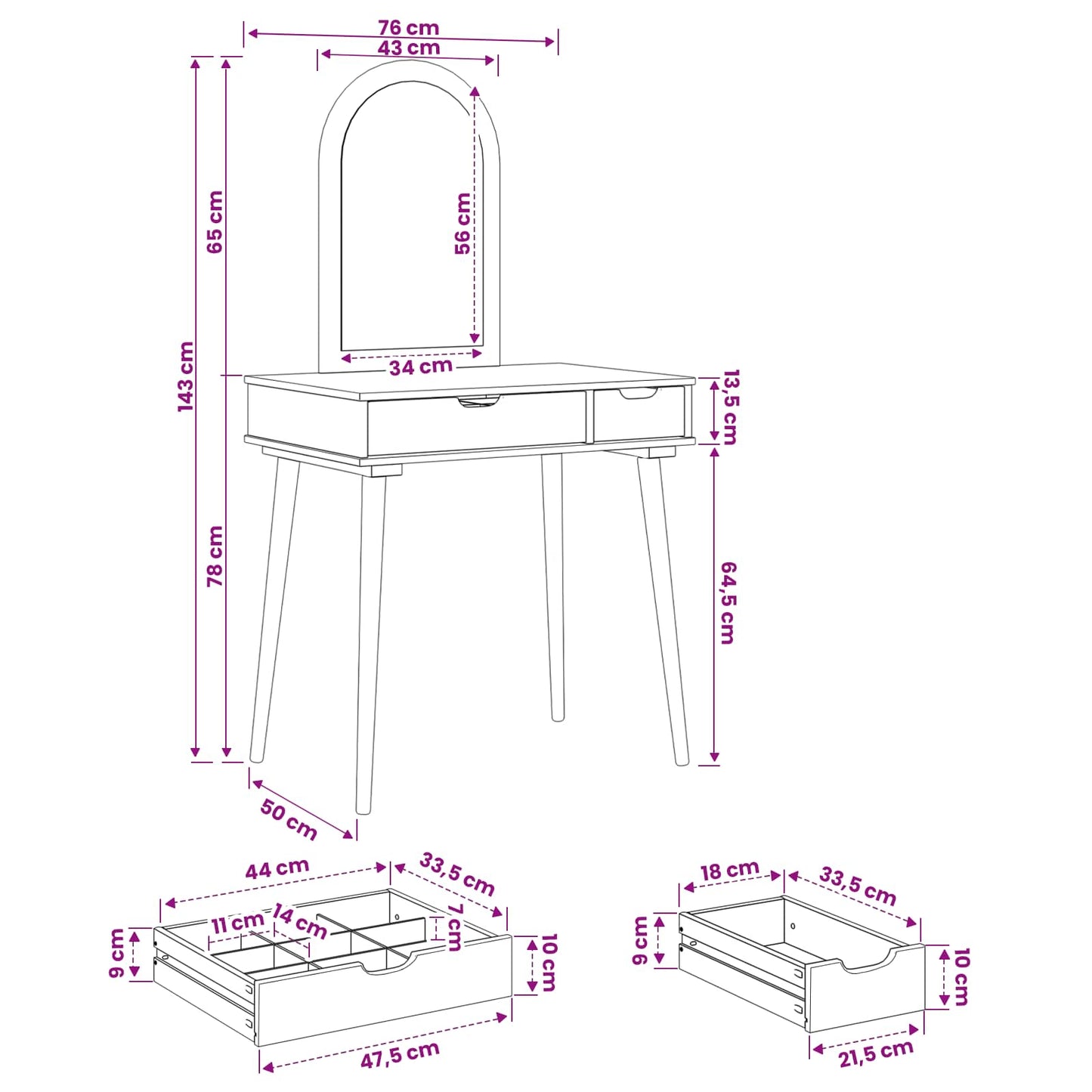 Schminktisch-Set FAUSKE 2 stk. Weiß 76 x 50 x 143 cm