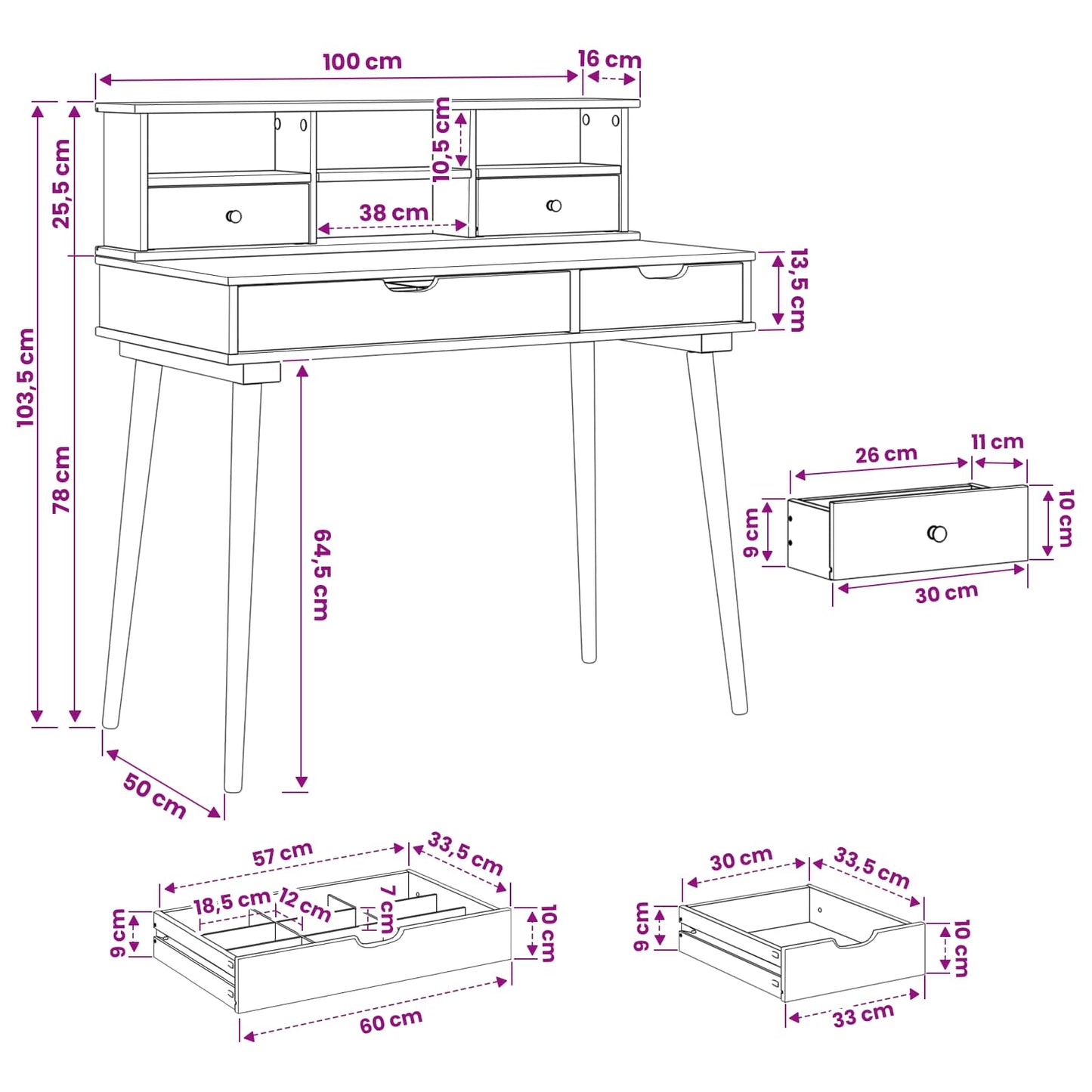 Schminktisch-Set FAUSKE 2 stk. Weiß 100 x 50 x 103,5 cm