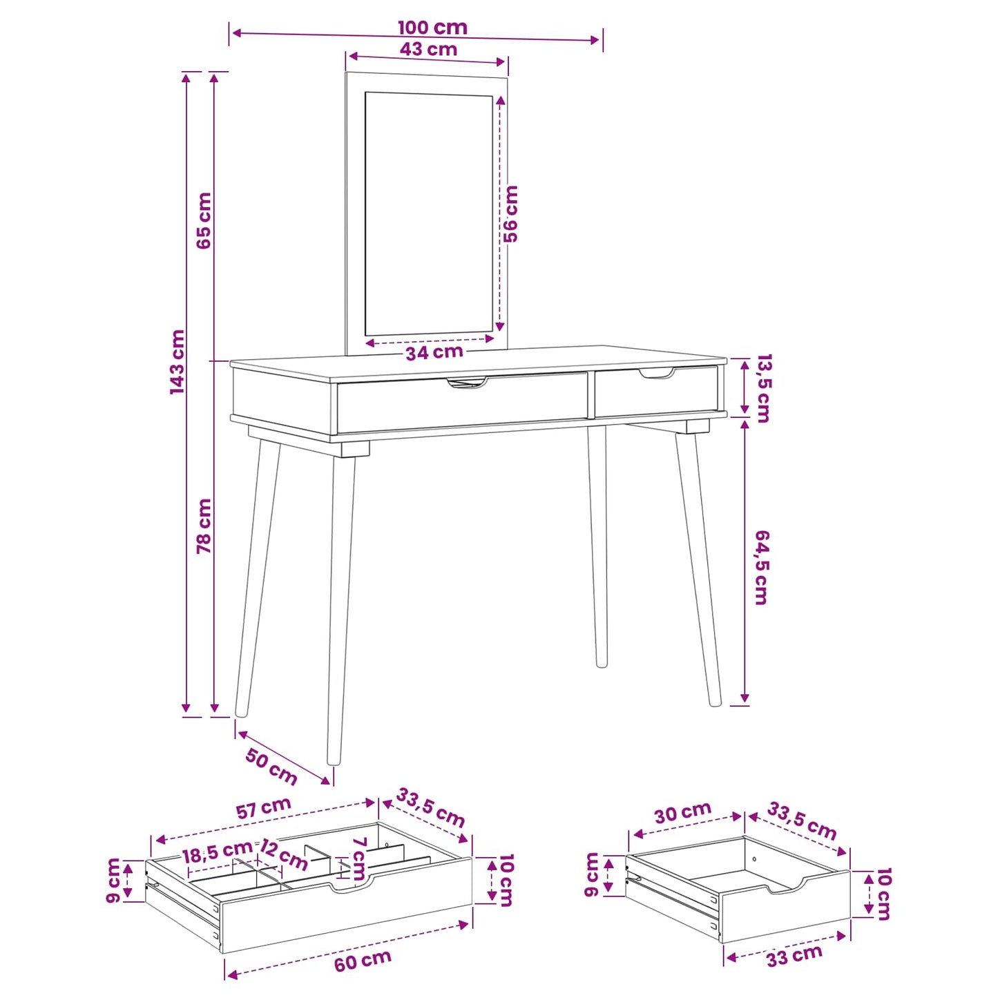 Schminktisch-Set FAUSKE 2 stk. Weiß 100 x 50 x 143 cm