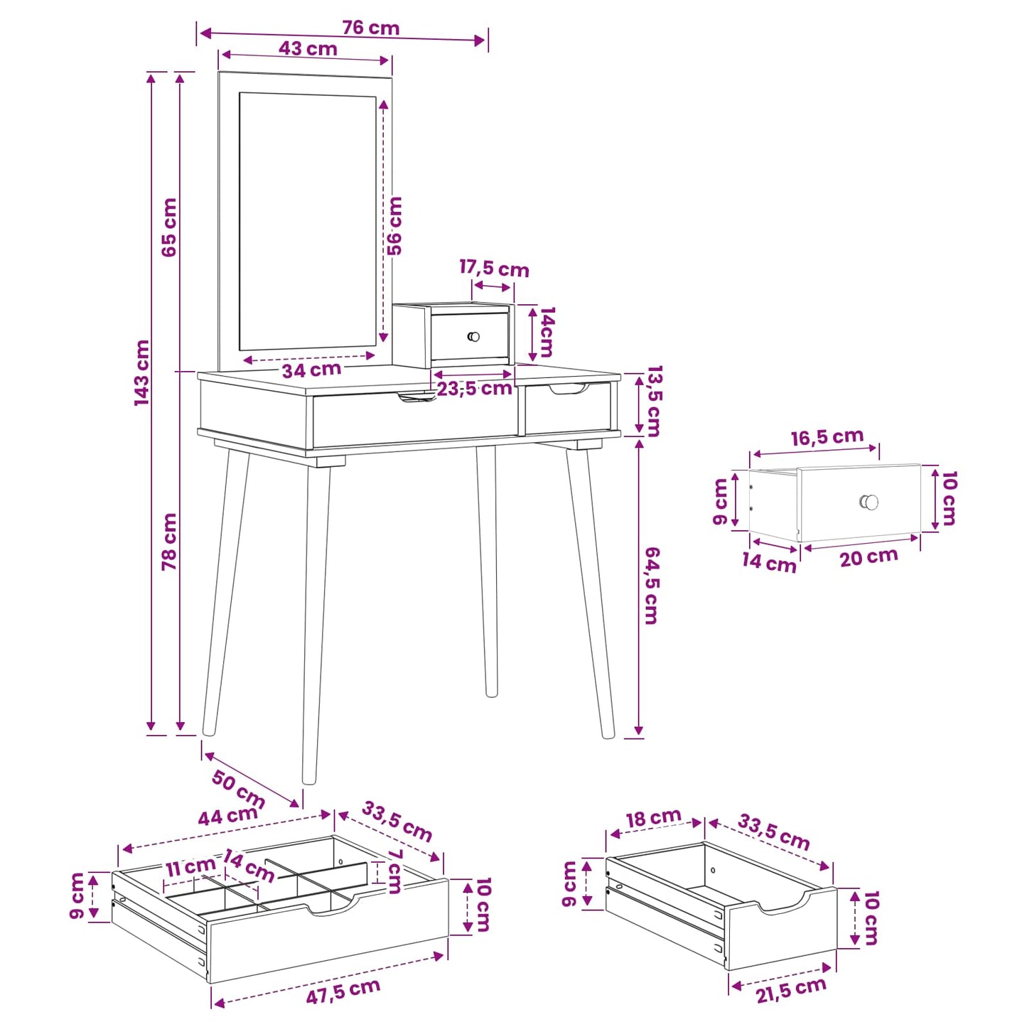 Schminktisch-Set FAUSKE 3 stk. Weiß 76 x 50 x 143 cm