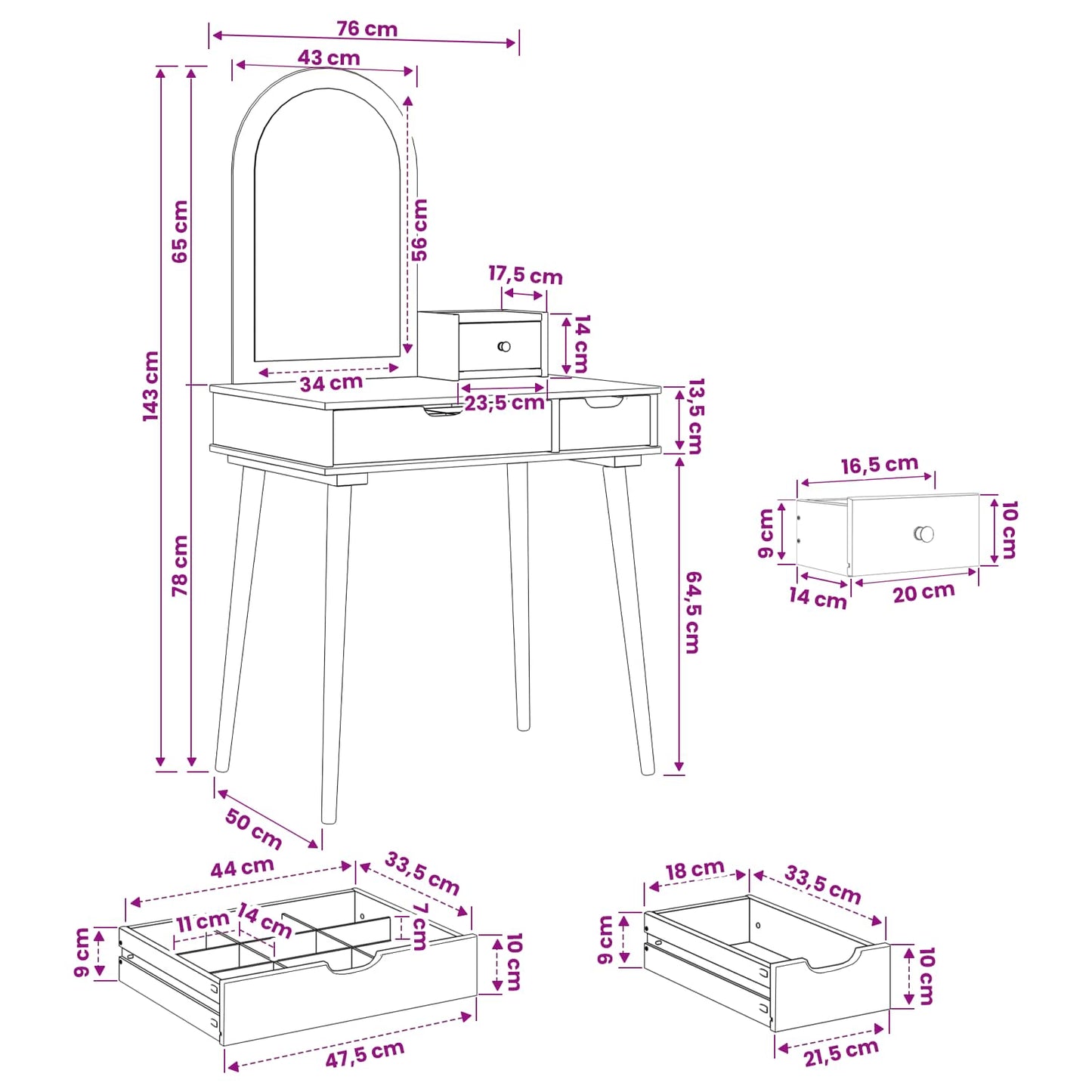 Schminktisch-Set FAUSKE 3 stk. Weiß 76 x 50 x 143 cm
