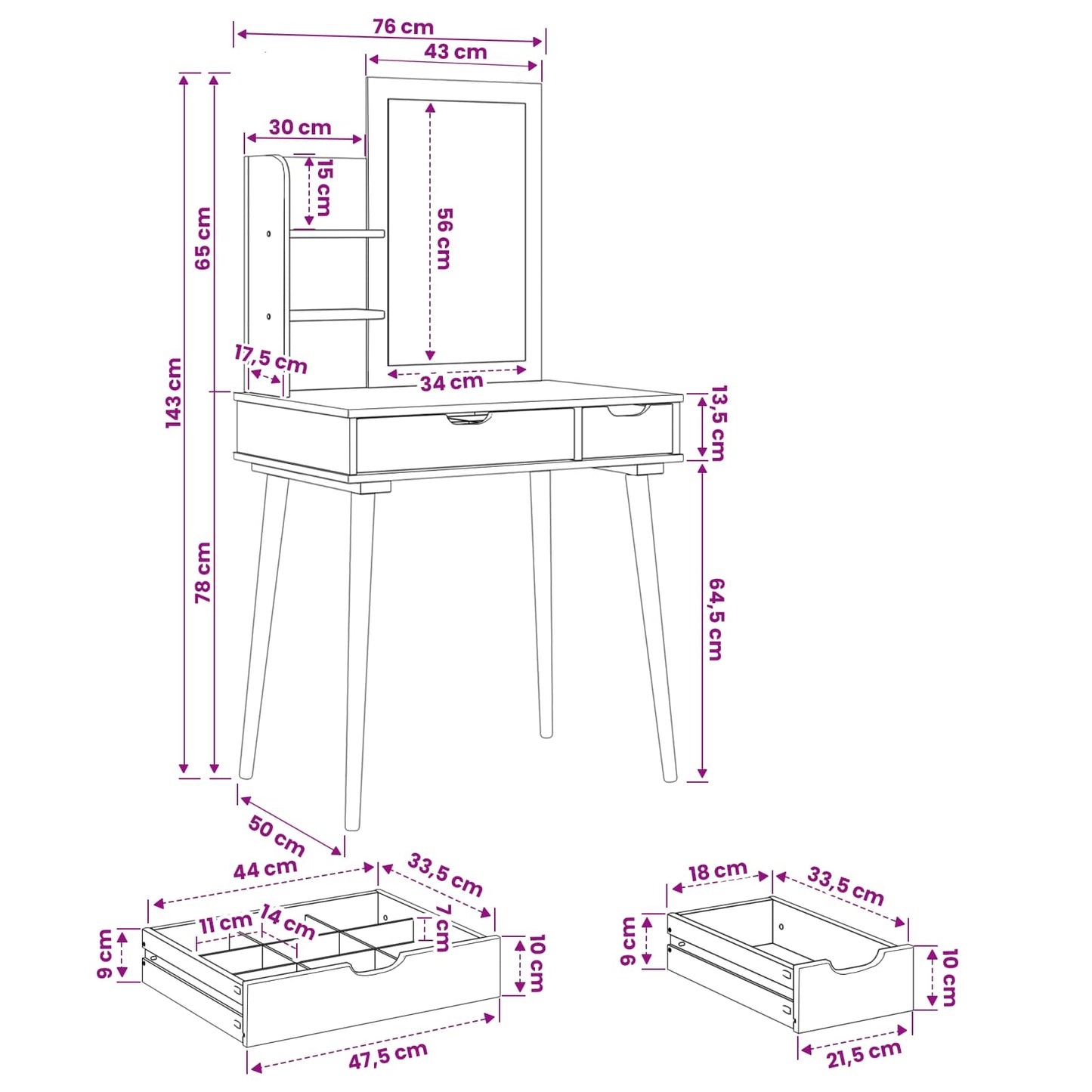 Schminktisch-Set FAUSKE 3 stk. Weiß 76 x 50 x 143 cm