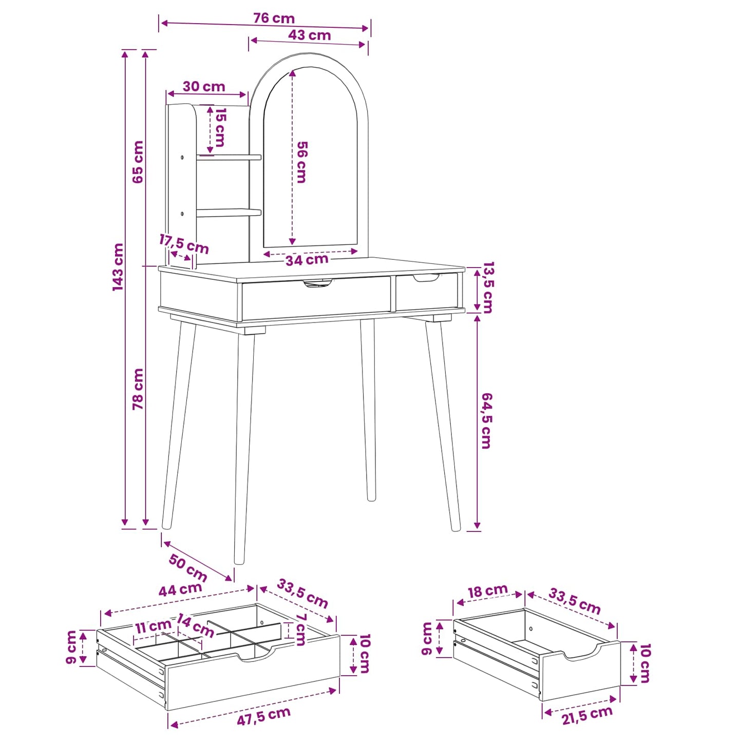 Schminktisch-Set FAUSKE 3 stk. Weiß 76 x 50 x 143 cm