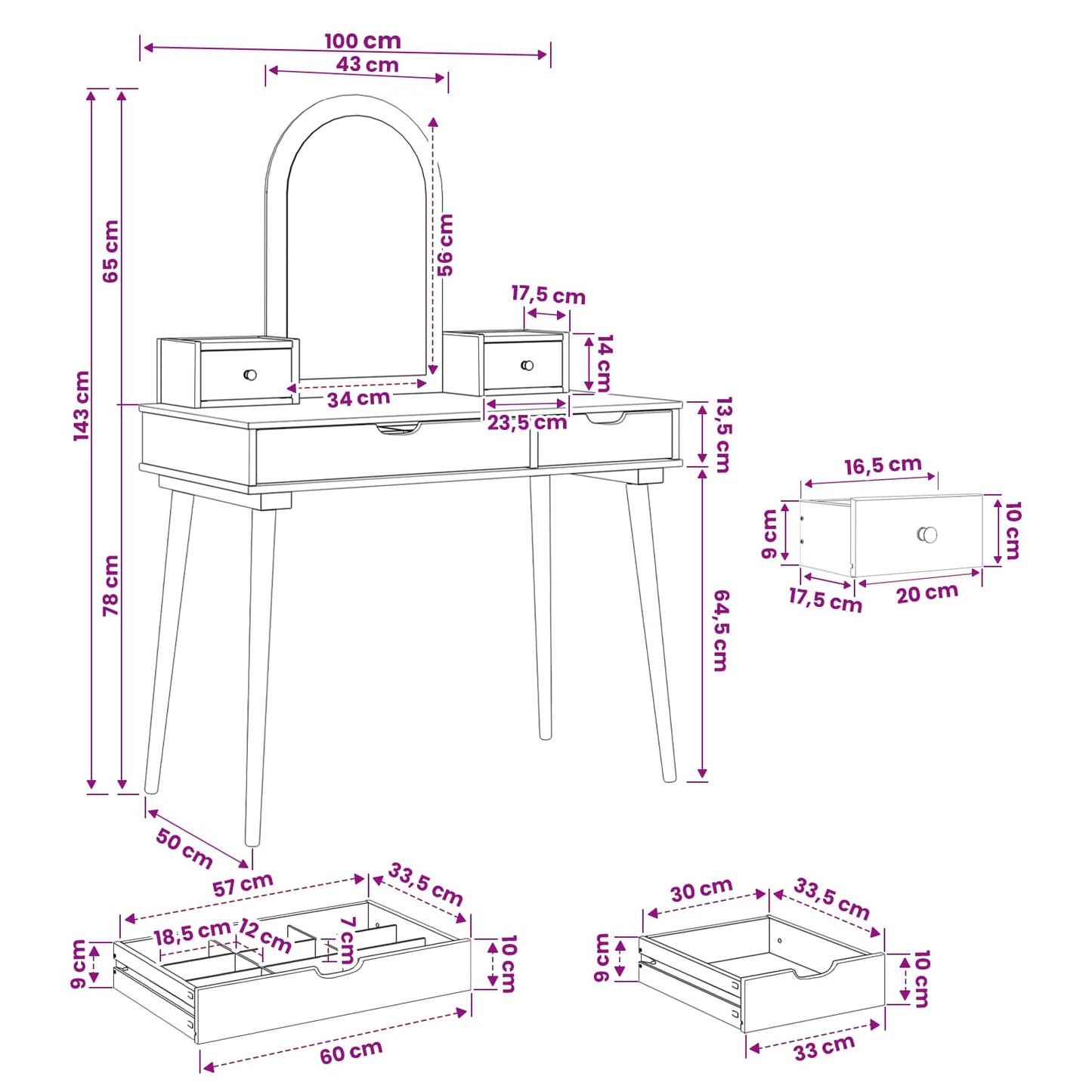 Schminktisch-Set FAUSKE 4 stk. Weiß 100 x 50 x 143 cm