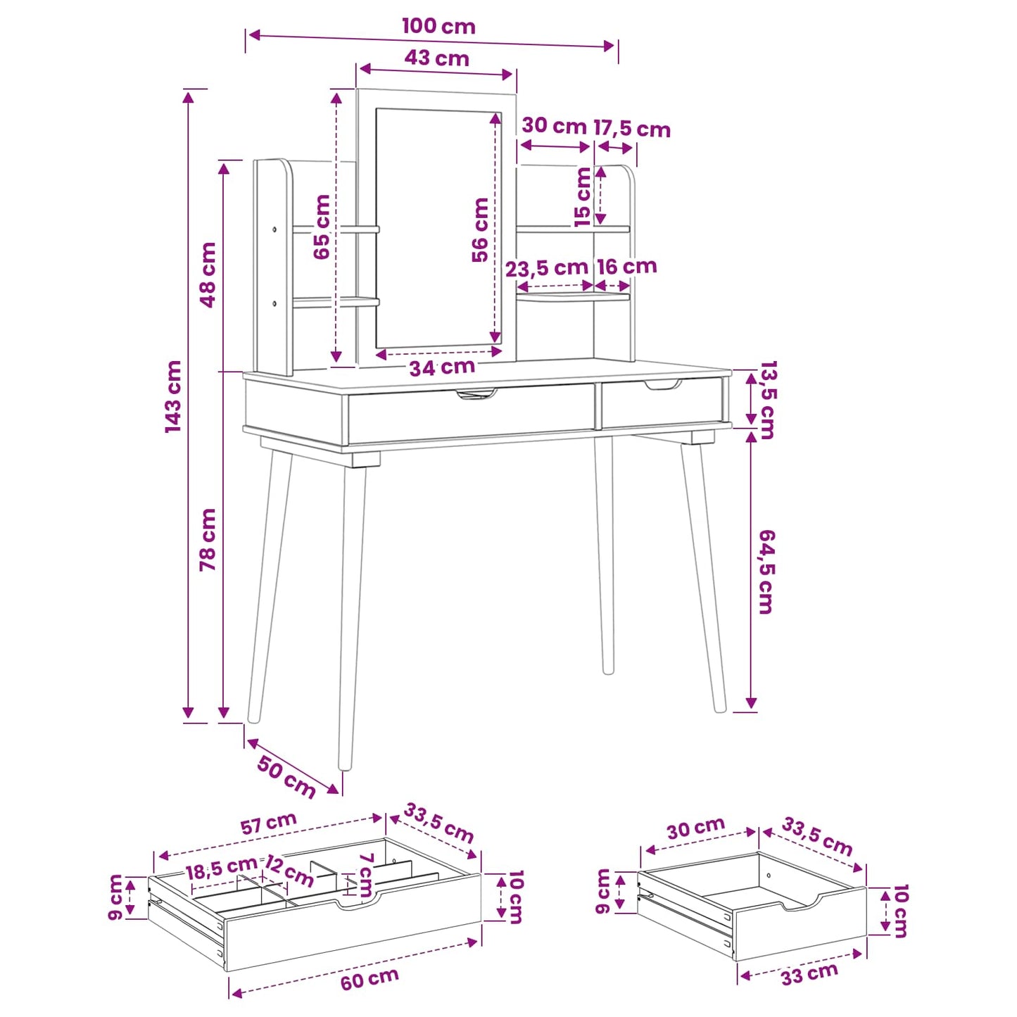 Schminktisch-Set FAUSKE 4 stk. Weiß 100 x 50 x 143 cm