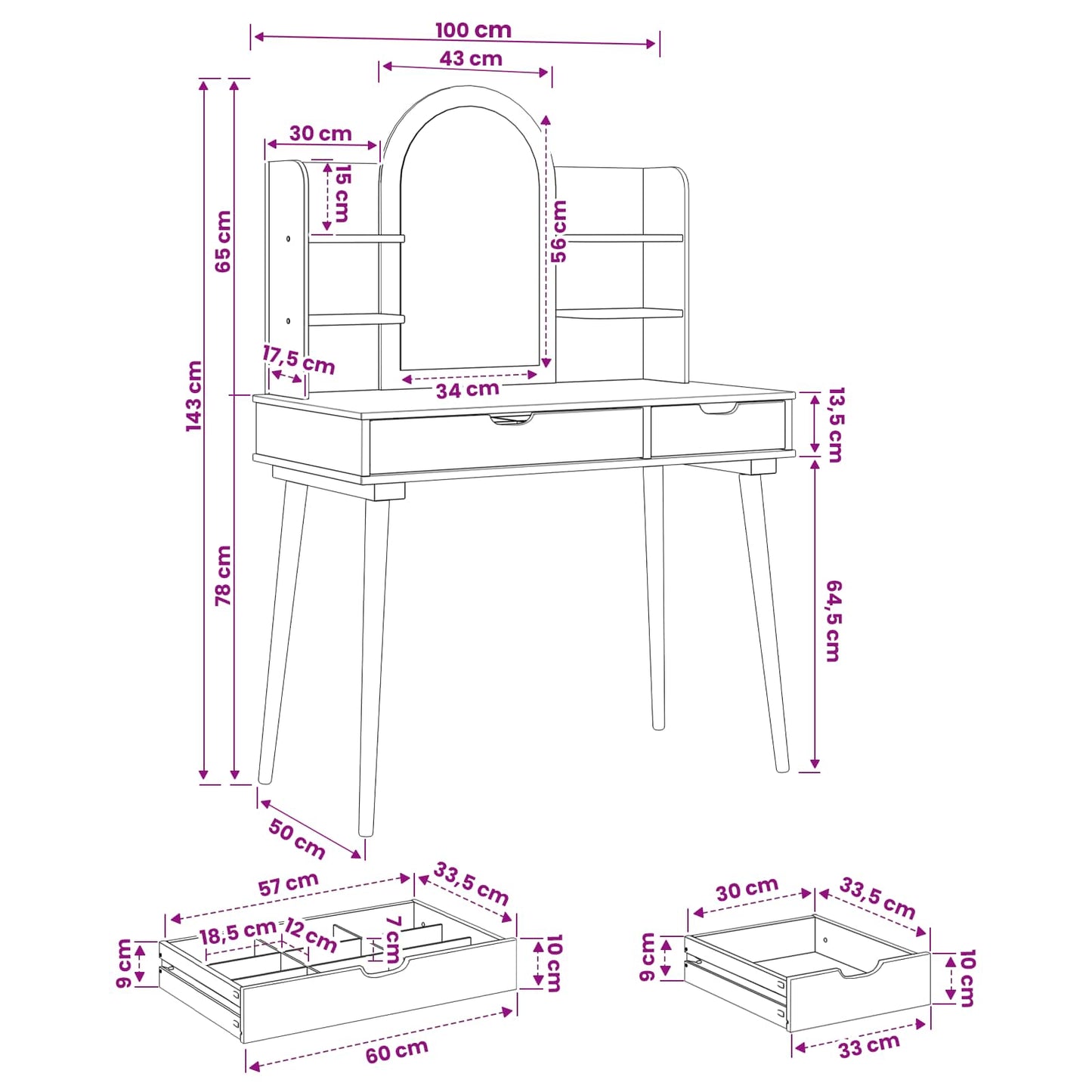 Schminktisch-Set FAUSKE 4 stk. Weiß 100 x 50 x 143 cm