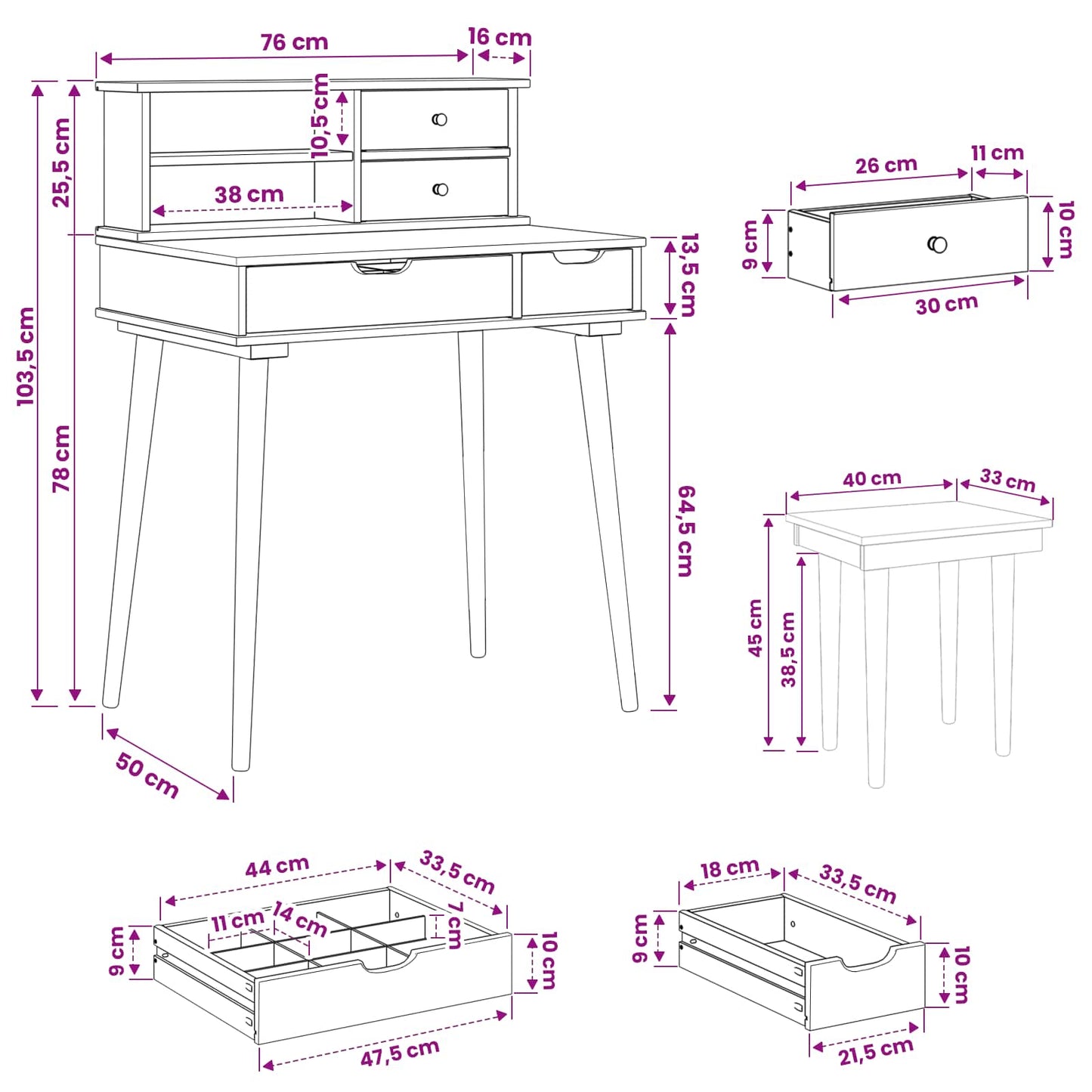 Schminktisch-Set FAUSKE 3 stk. Weiß 76 x 50 x 103,5 cm