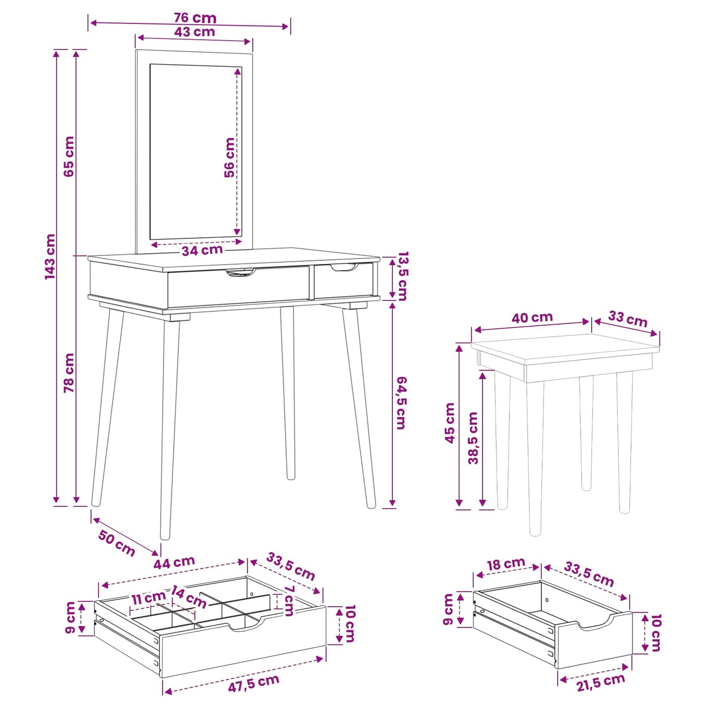 Schminktisch-Set FAUSKE 3 stk. Weiß 76 x 50 x 143 cm
