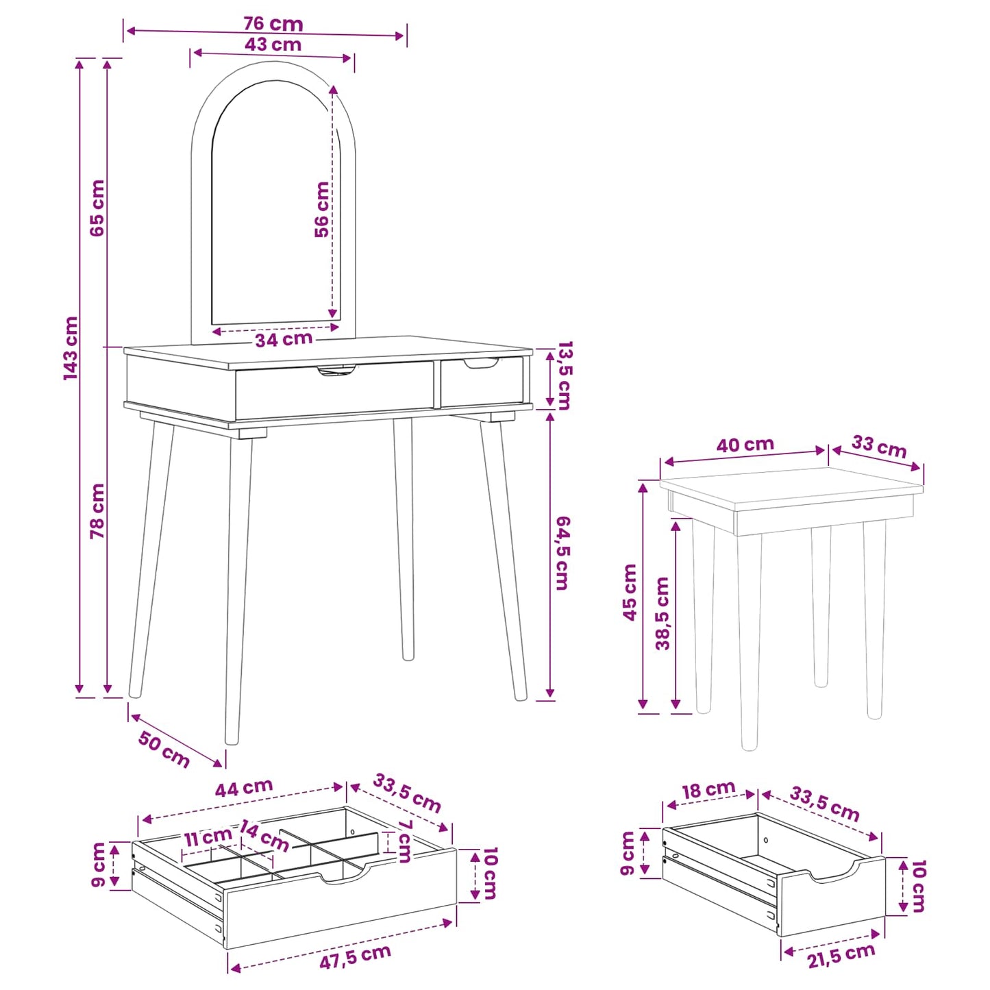 Schminktisch-Set FAUSKE 3 stk. Weiß 76 x 50 x 143 cm