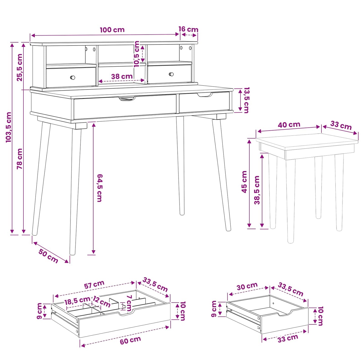 Schminktisch-Set FAUSKE 3 stk. Weiß 100 x 50 x 103,5 cm
