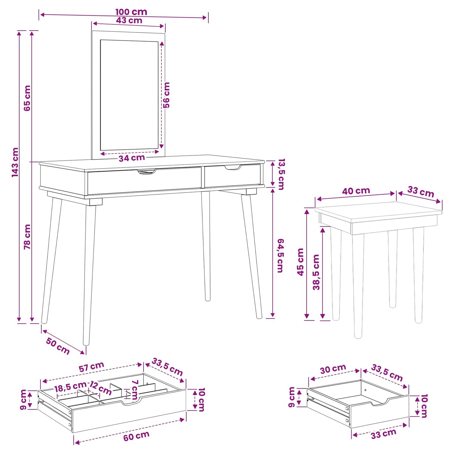 Schminktisch-Set FAUSKE 3 stk. Weiß 100 x 50 x 143 cm